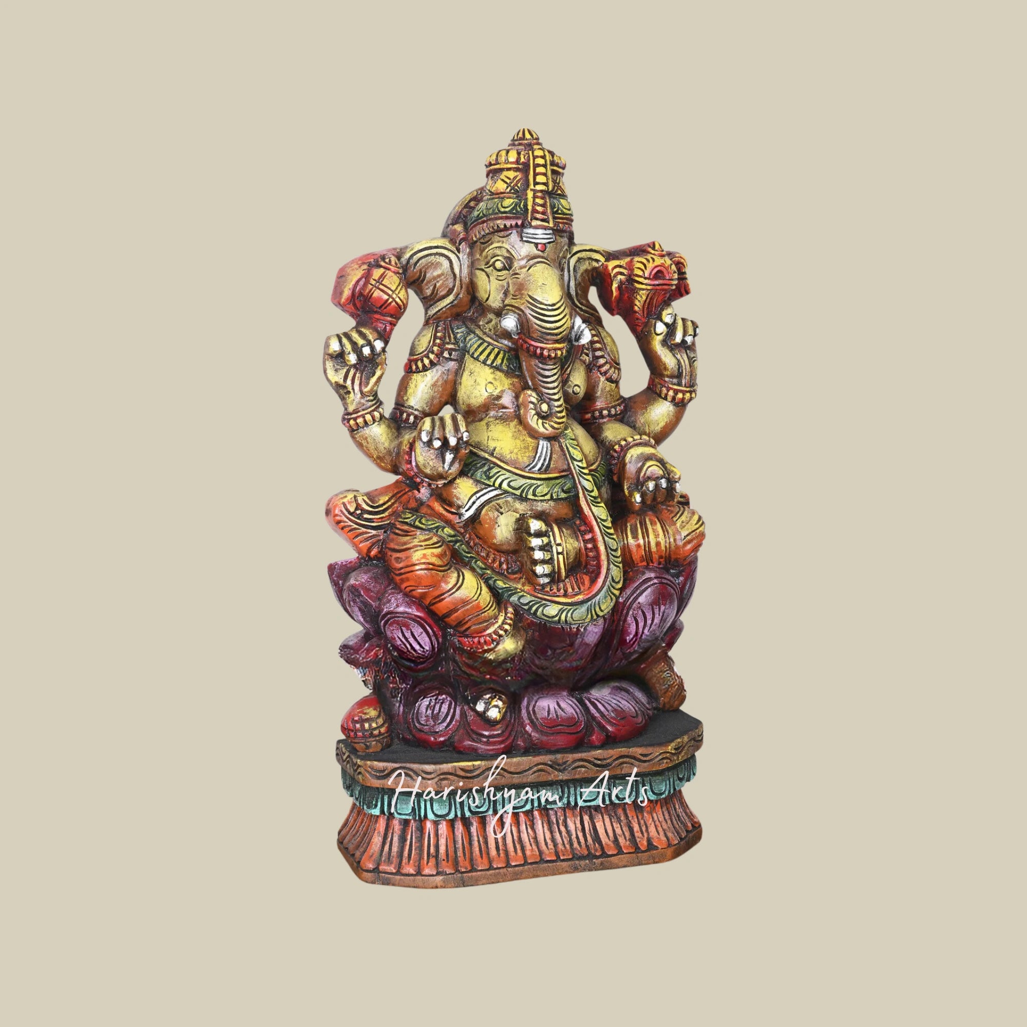 24" Handcrafted Ganesha Seated on Double Petal Pink Lotus Wooden Showpiece for Decoration