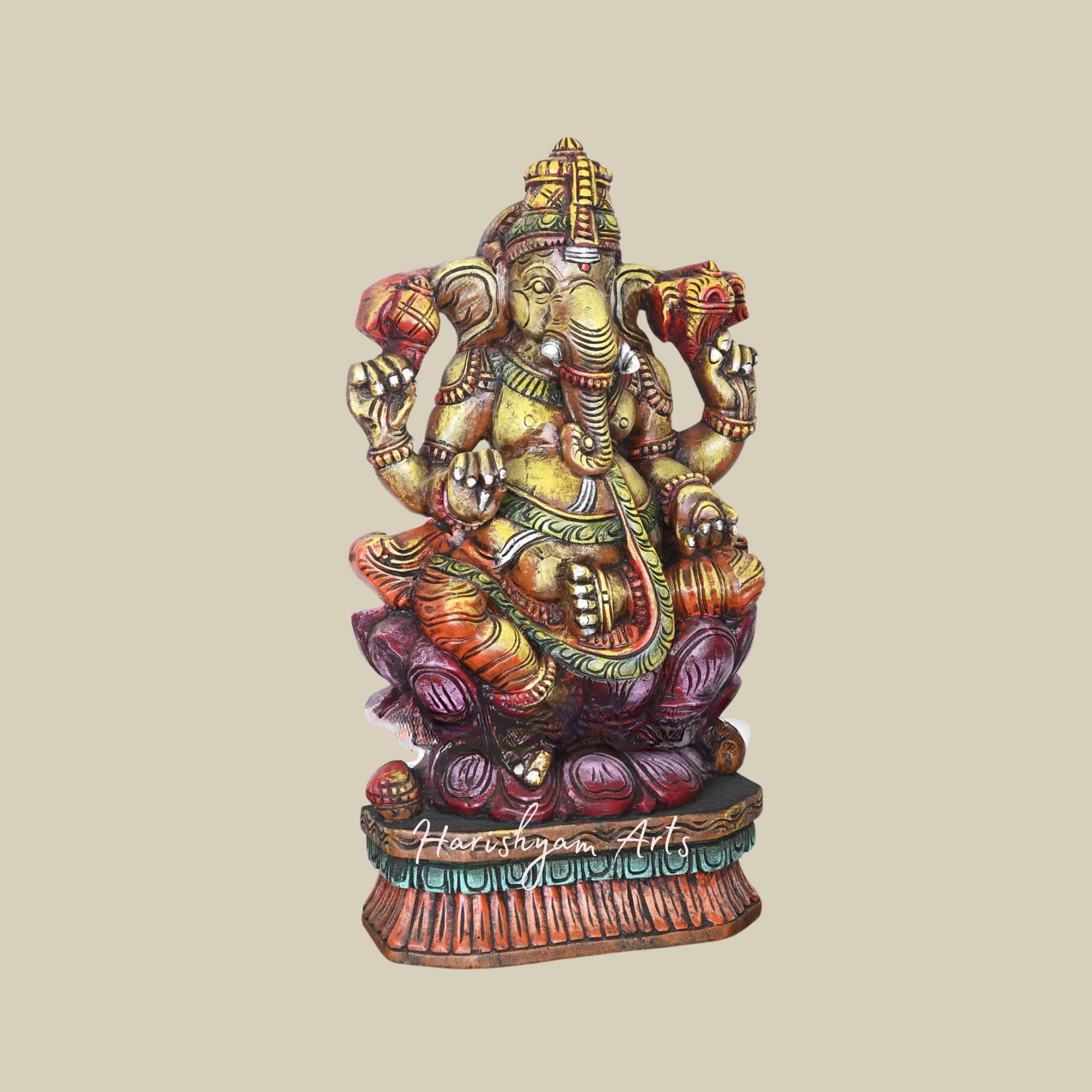 24" Handcrafted Ganesha Seated on Double Petal Pink Lotus Wooden Showpiece for Decoration