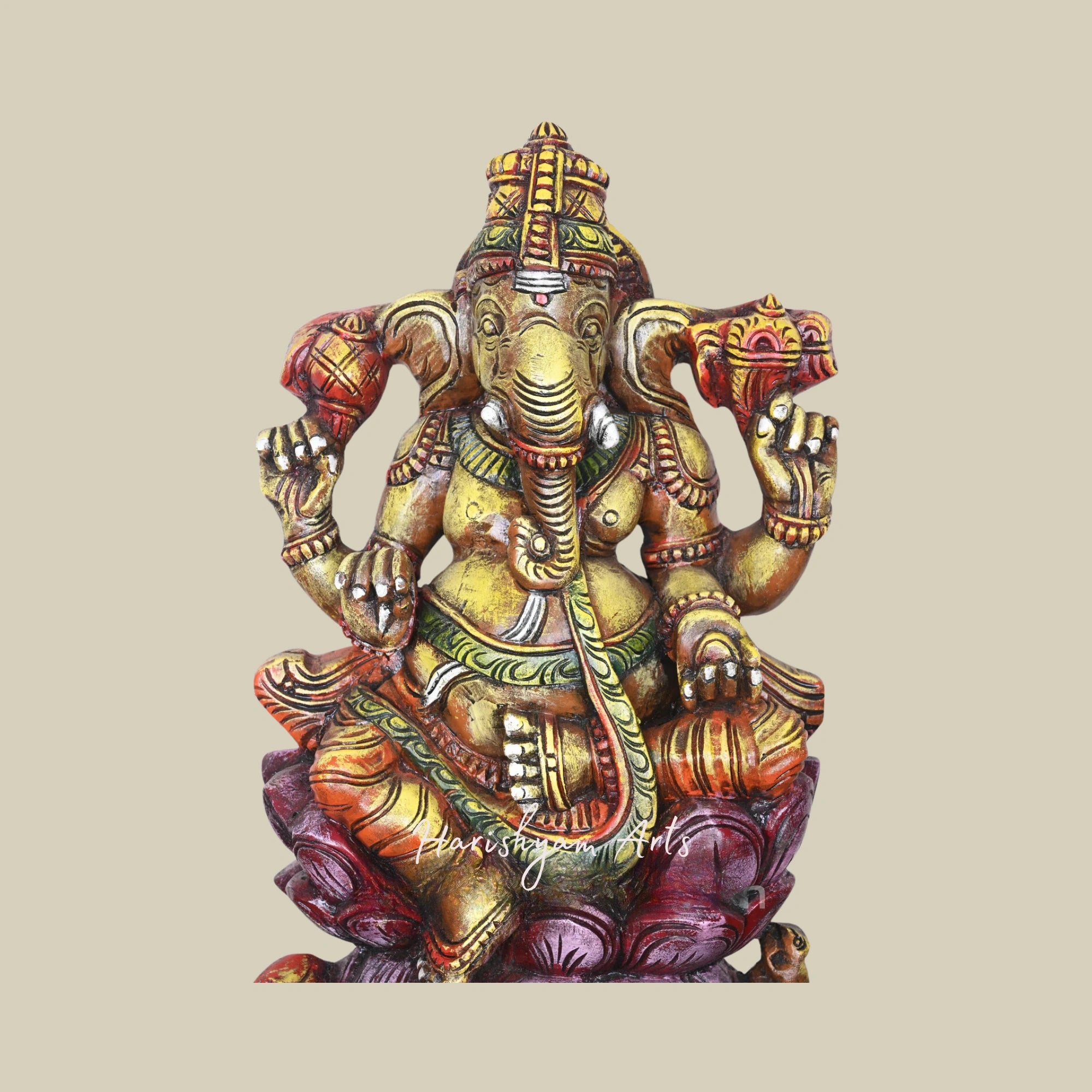 24" Handcrafted Ganesha Seated on Double Petal Pink Lotus Wooden Showpiece for Decoration