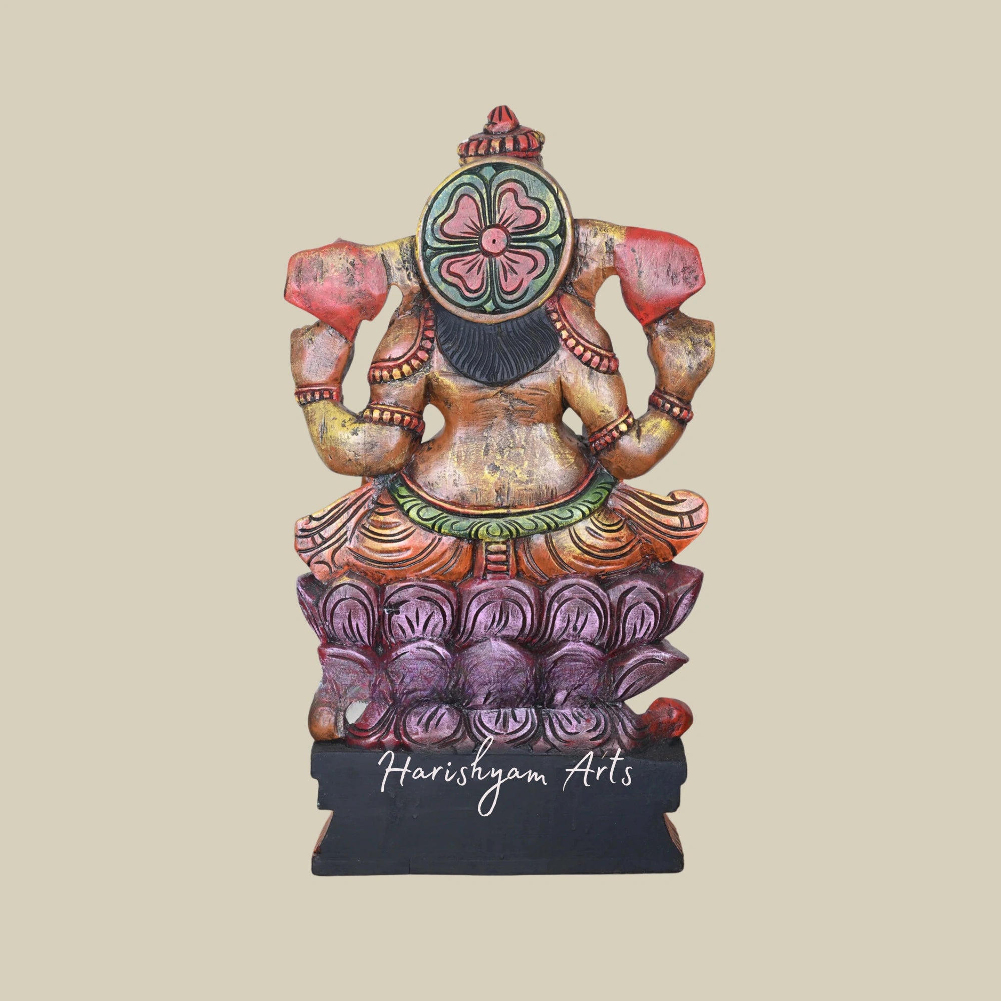 24" Handcrafted Ganesha Seated on Double Petal Pink Lotus Wooden Showpiece for Decoration