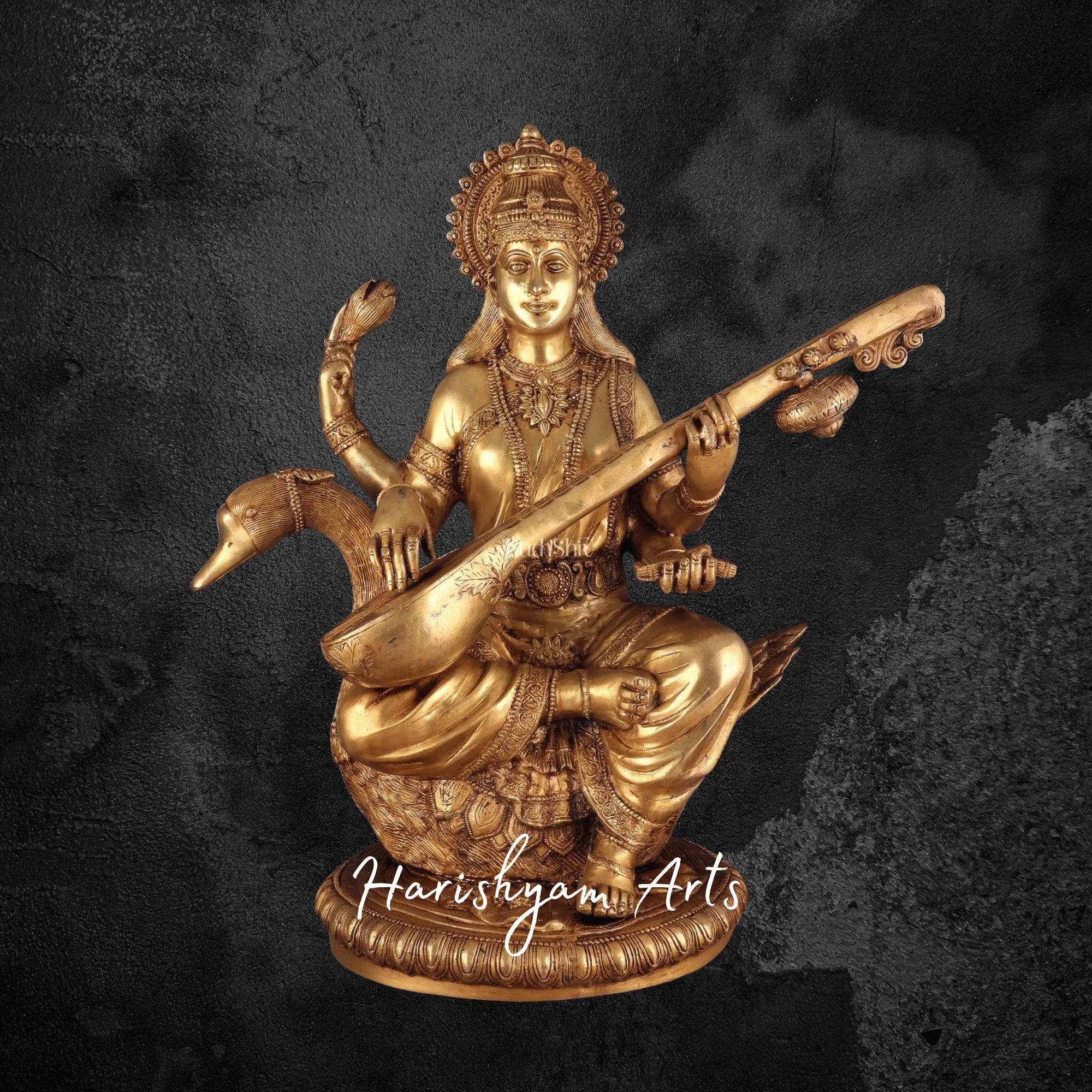 24" Large Saraswati Brass Idol Seated on Swan for Home Temple or School Use