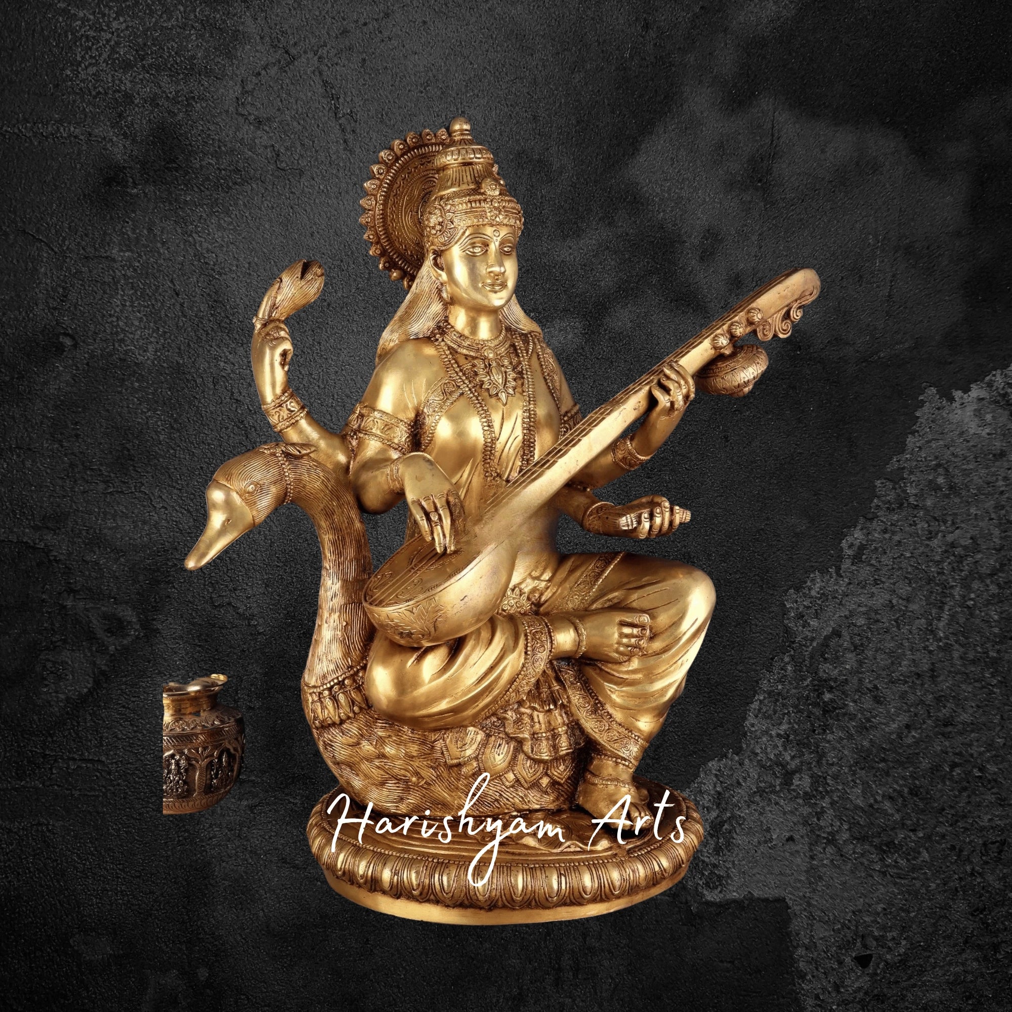 24" Large Saraswati Brass Idol Seated on Swan for Home Temple or School Use