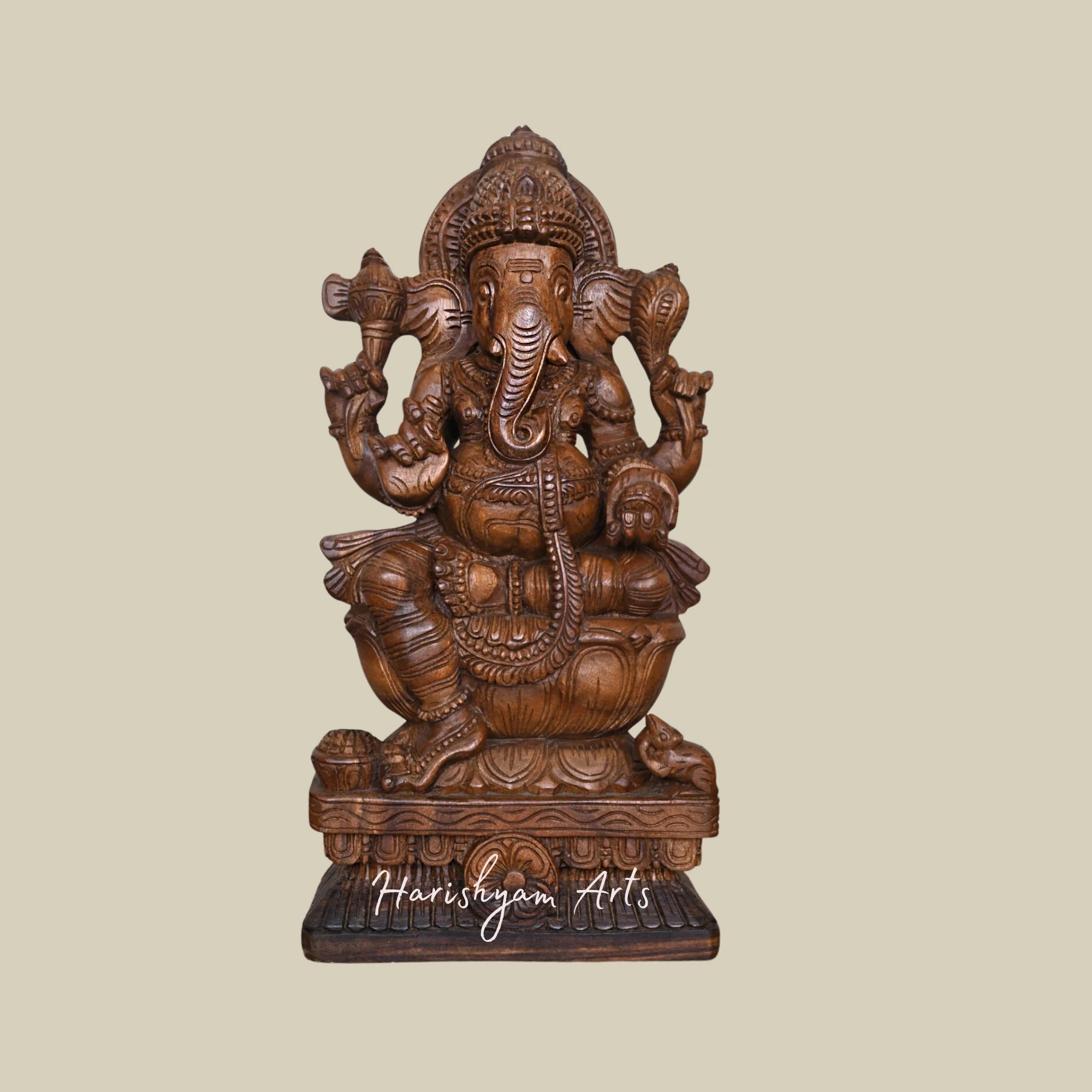 24" Lotus-Seated Wooden Ganesha Statue for Home Temple and Decor