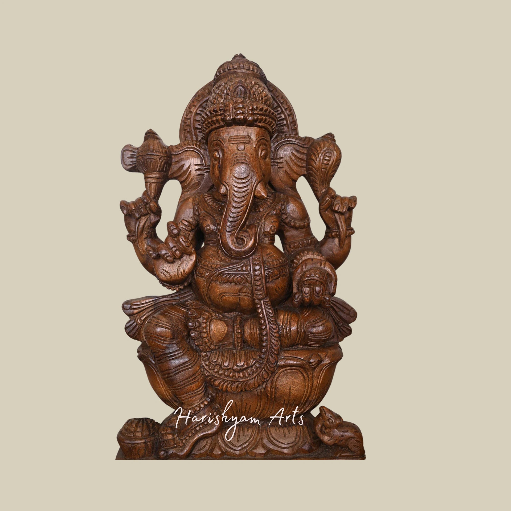24" Lotus-Seated Wooden Ganesha Statue for Home Temple and Decor1