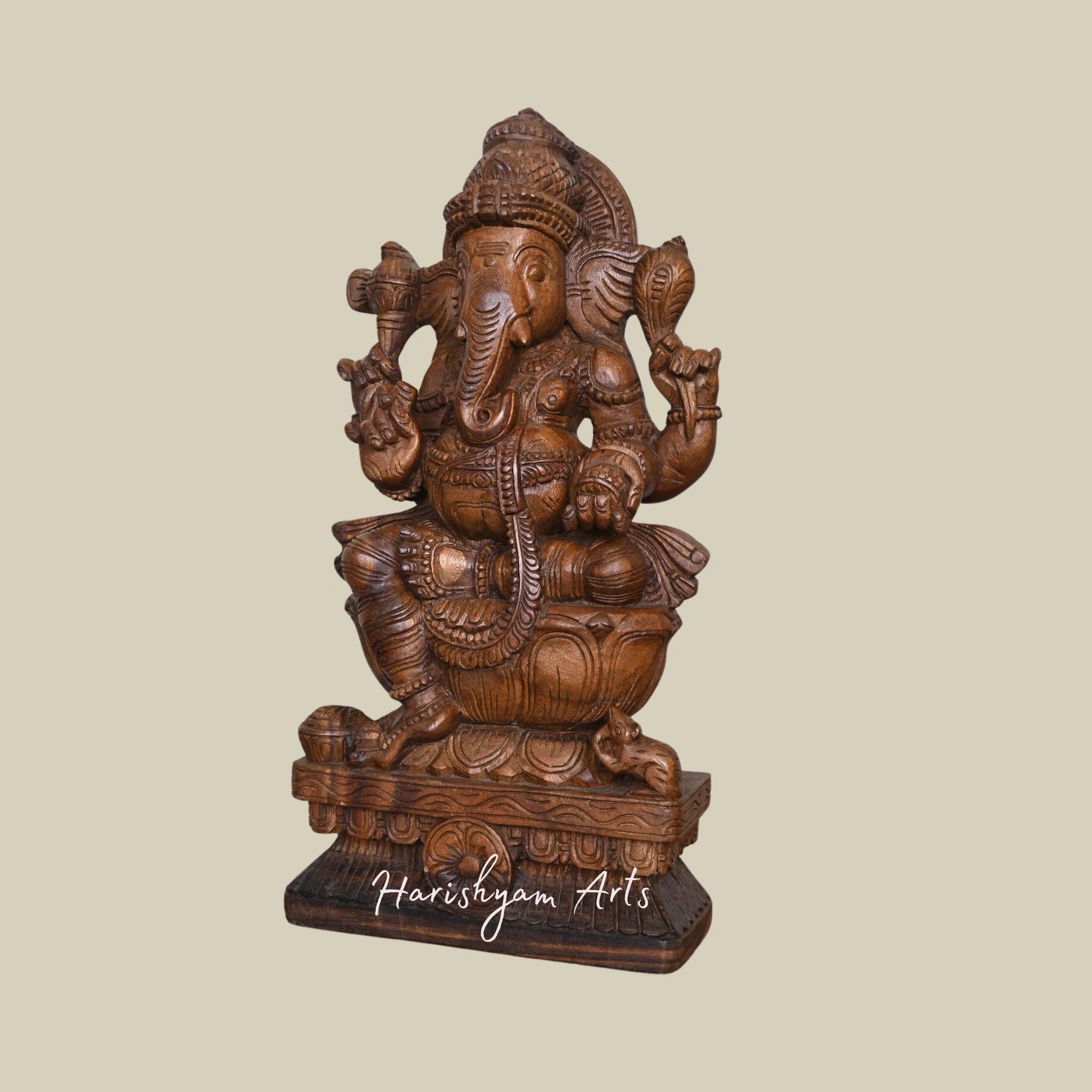 24" Lotus-Seated Wooden Ganesha Statue for Home Temple and Decor2