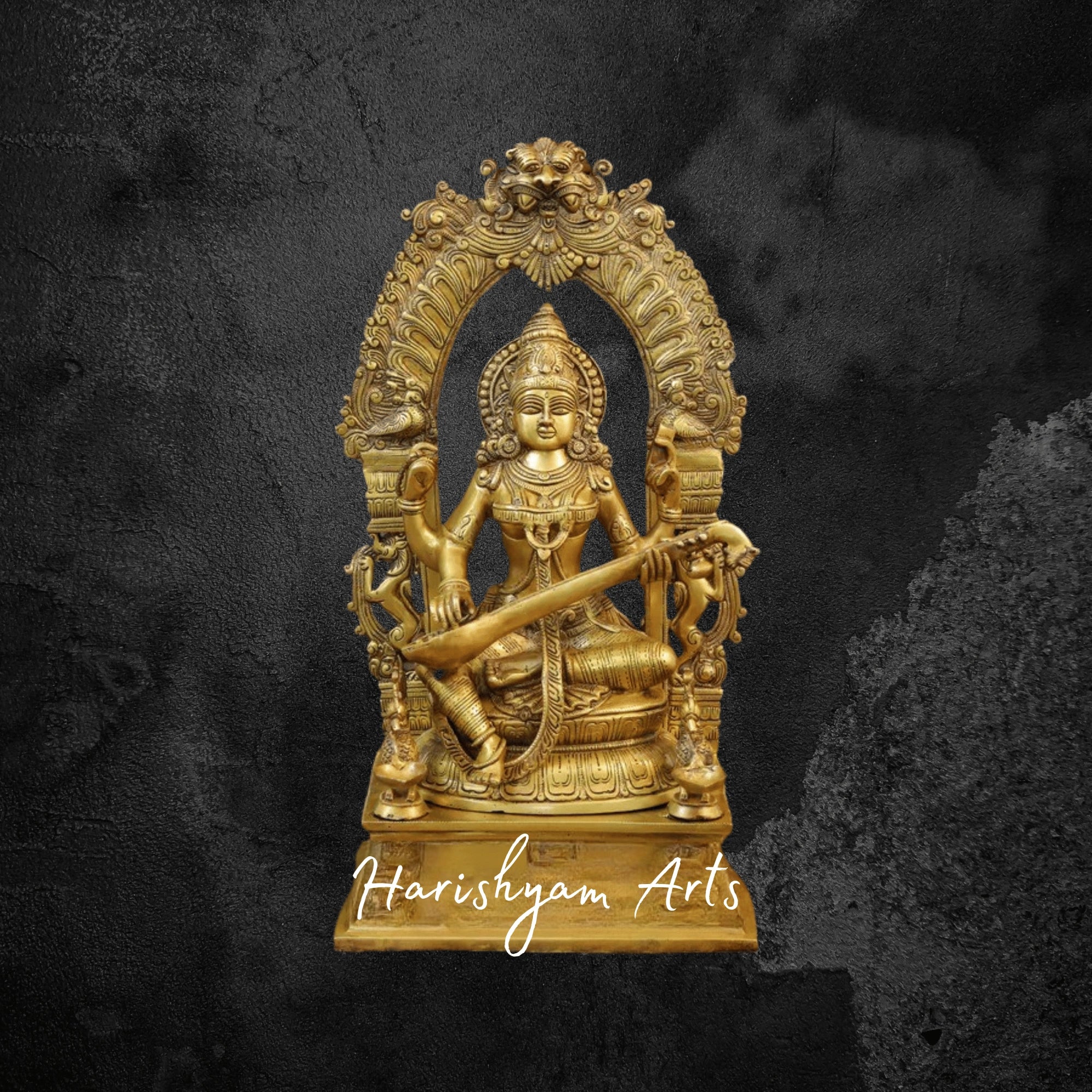 24" Majestic Brass Saraswati Murti in Yaksha Style with Golden Finish Symbol of Wisdom
