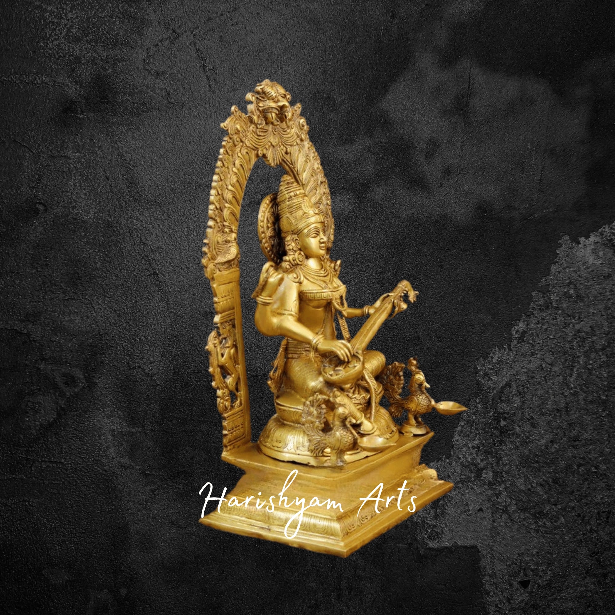 24" Majestic Brass Saraswati Murti in Yaksha Style with Golden Finish Symbol of Wisdom