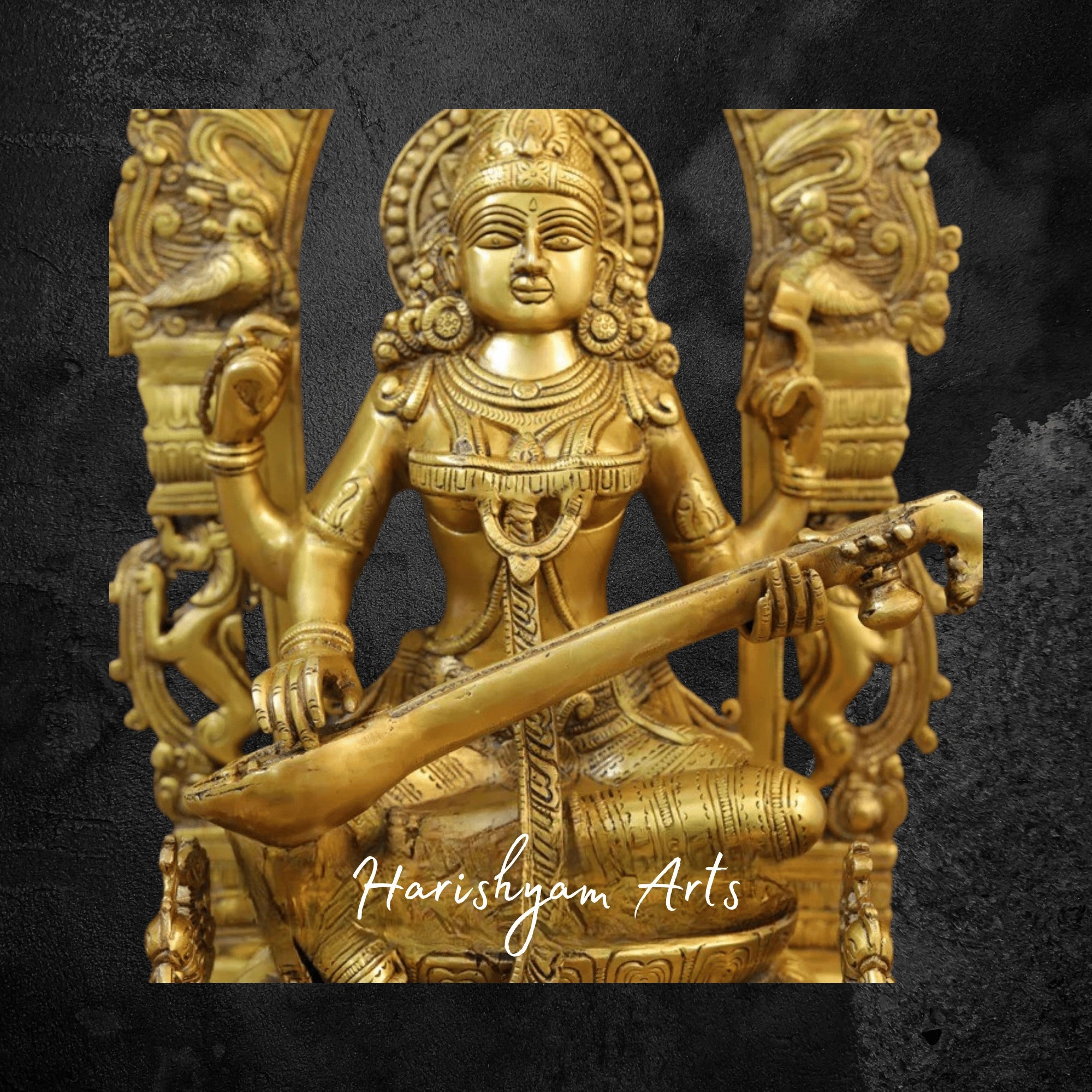 24" Majestic Brass Saraswati Murti in Yaksha Style with Golden Finish Symbol of Wisdom