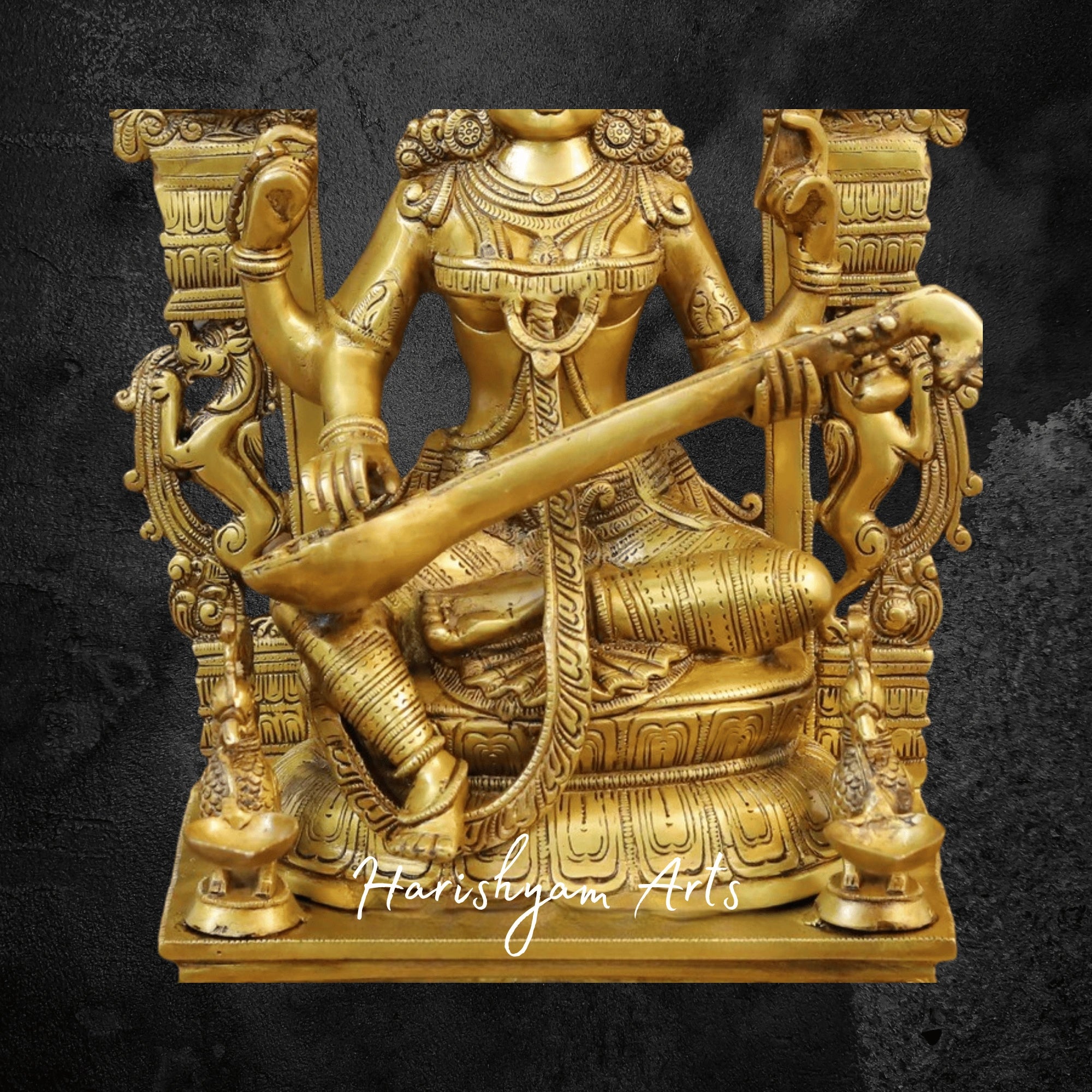 24" Majestic Brass Saraswati Murti in Yaksha Style with Golden Finish Symbol of Wisdom