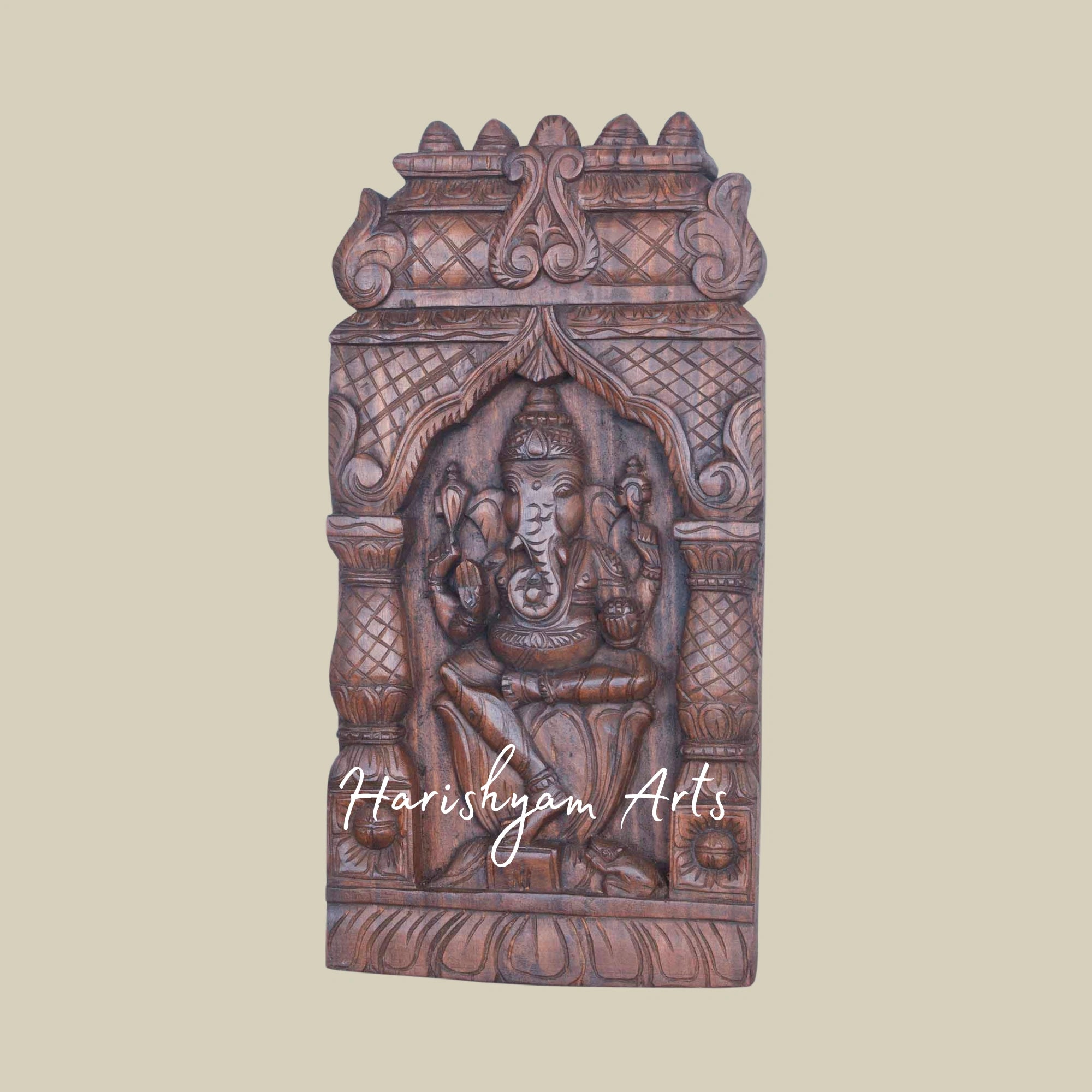 24" Mandap Design Wooden Ganesha Kavadi Seated on Lotus with Temple Inspired Craftsmanship