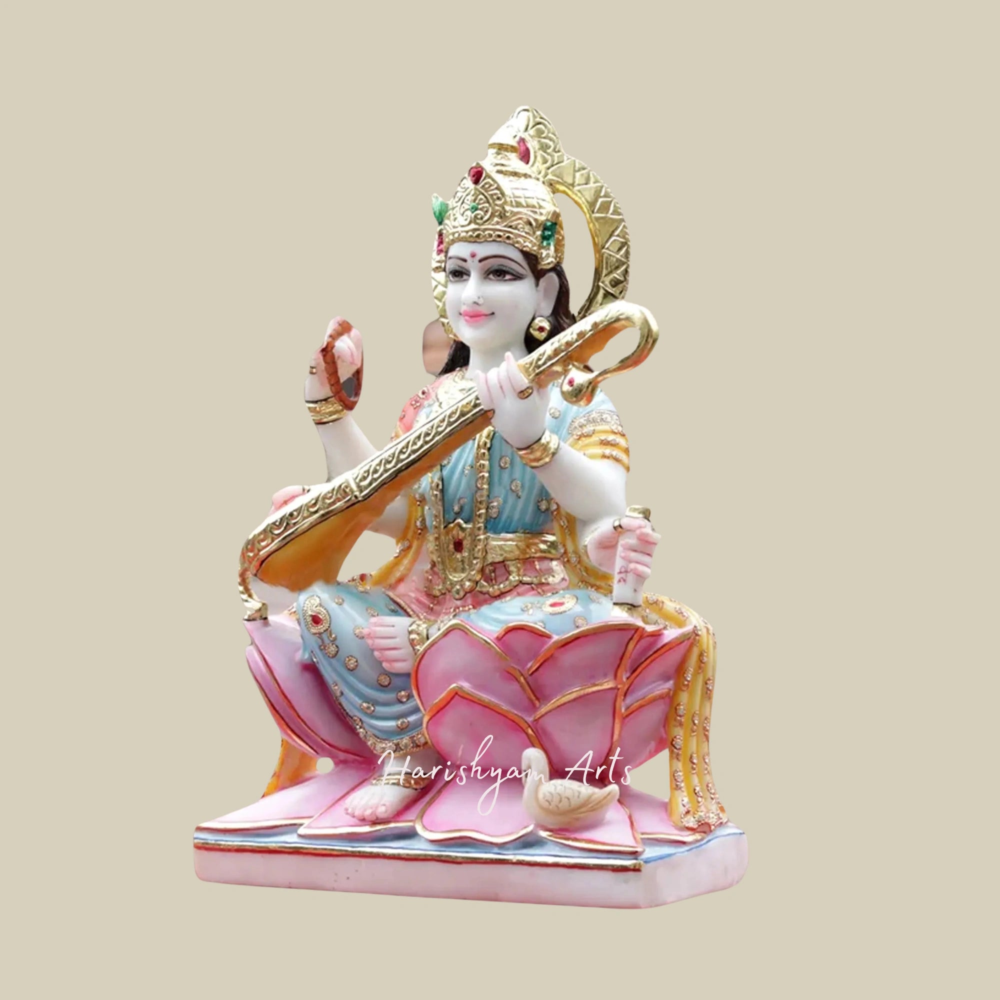 24" Multi-Colored Goddess Saraswati Idol White Makrana Marble Masterpiece