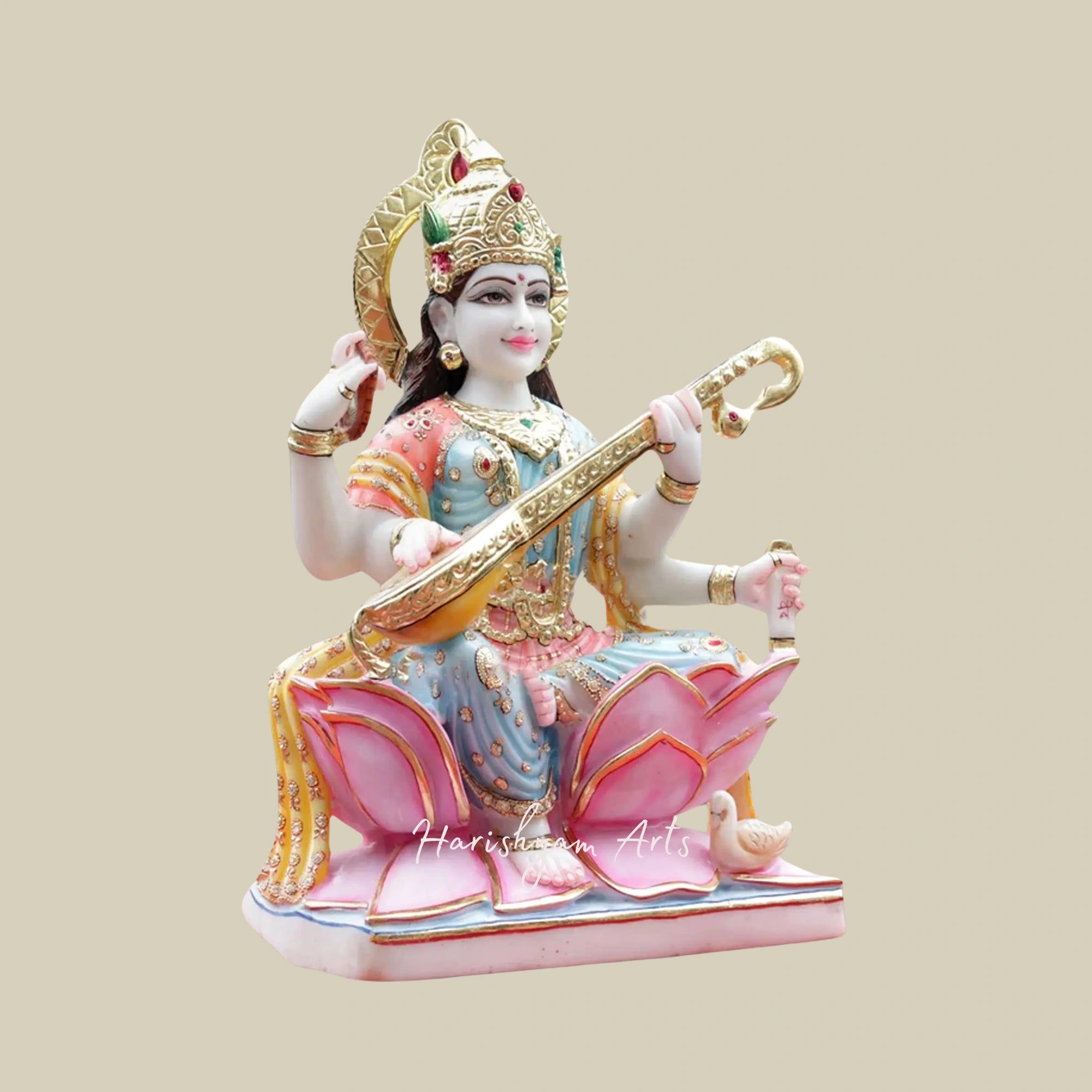 24" Multi-Colored Goddess Saraswati Idol White Makrana Marble Masterpiece2