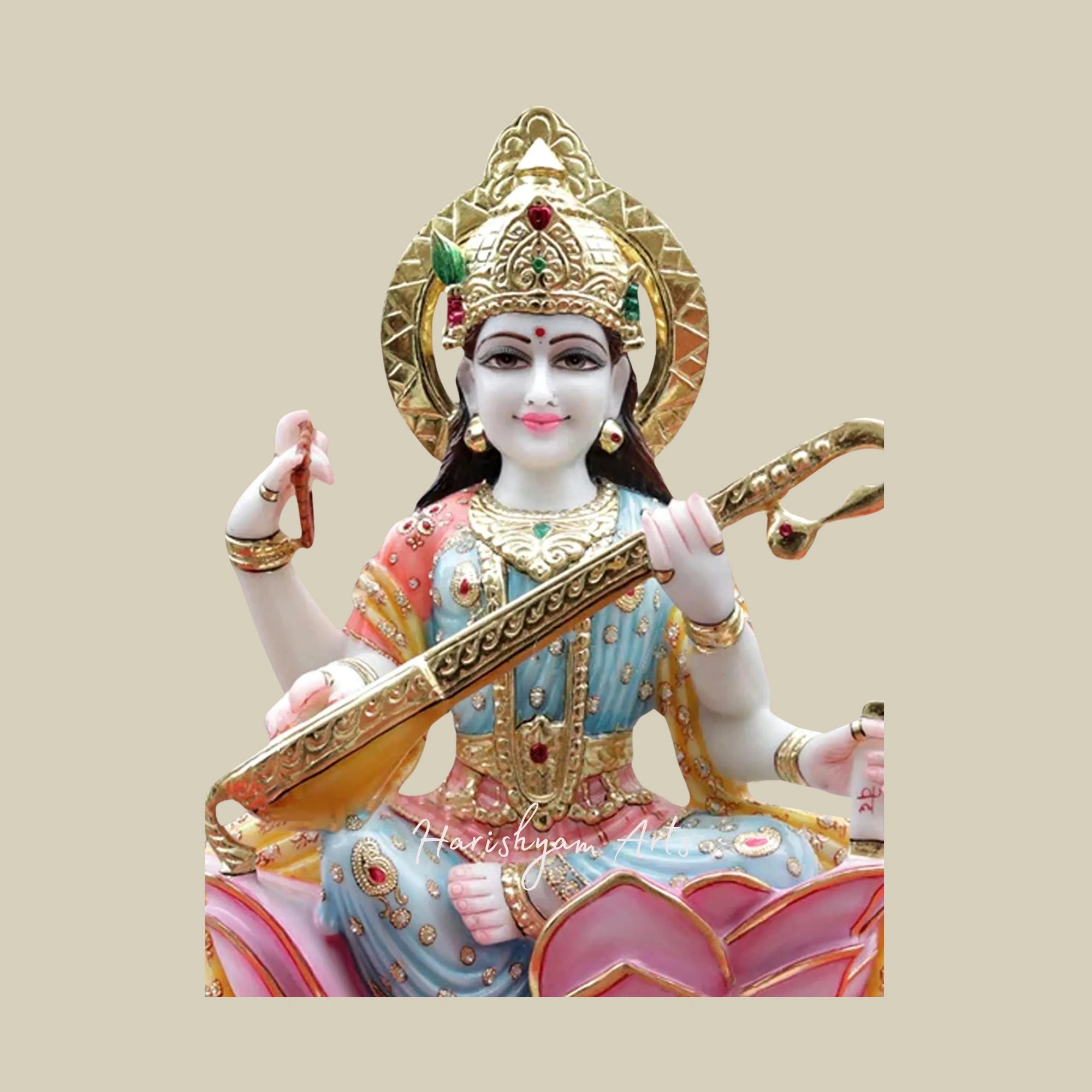 24" Multi-Colored Goddess Saraswati Idol White Makrana Marble Masterpiece3