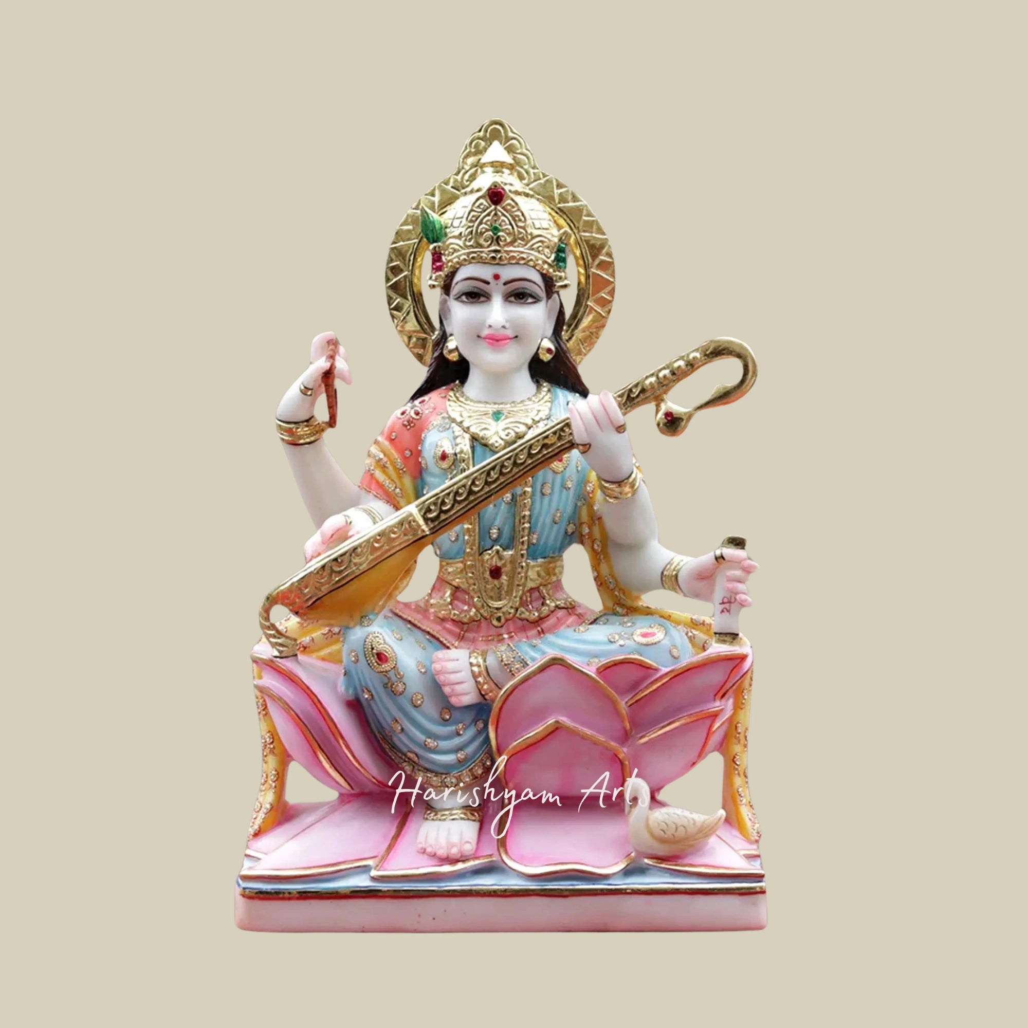 24" Multi-Colored Goddess Saraswati Idol White Makrana Marble Masterpiece1