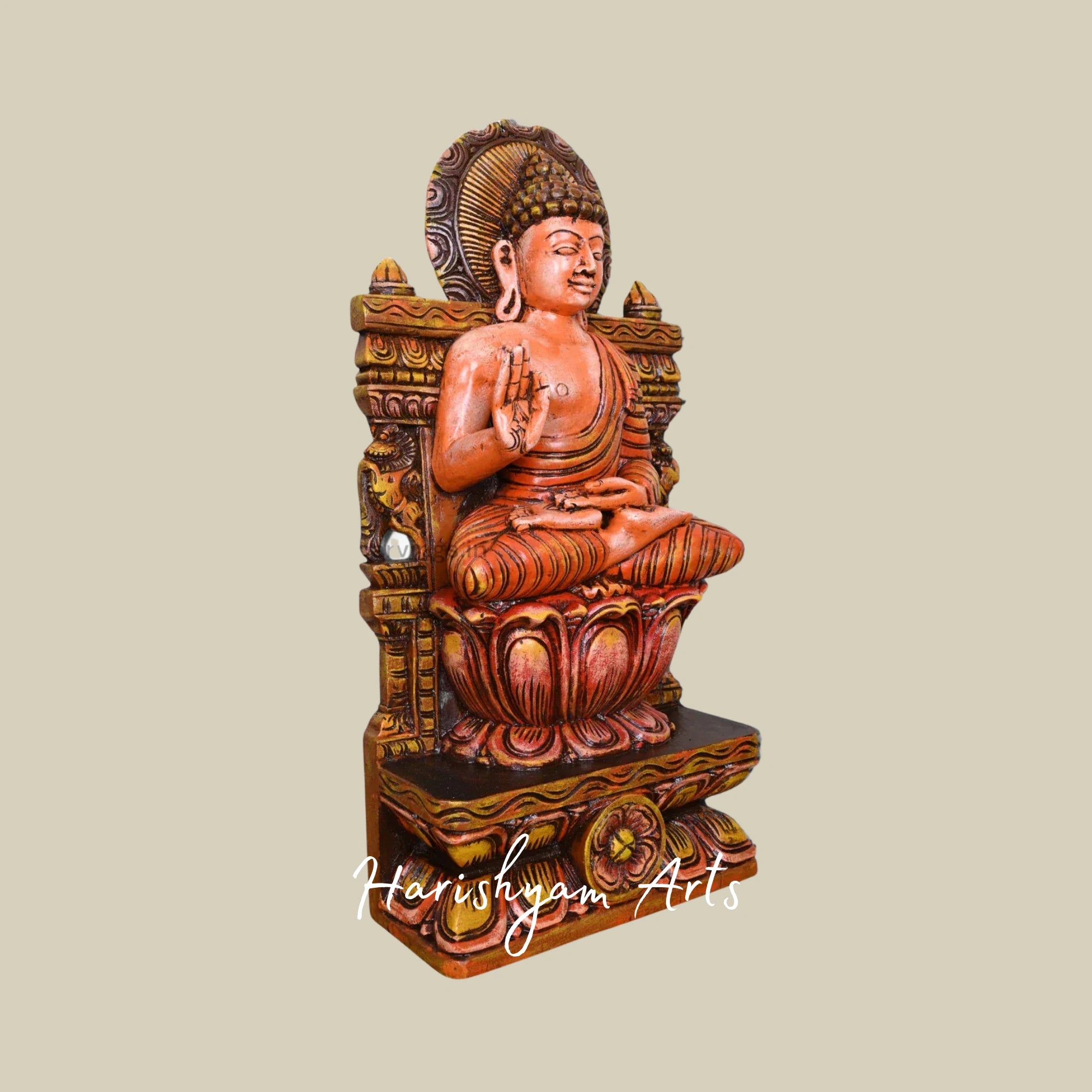 24" Multicoloured Wooden Lord Buddha Sculpture for Spiritual Home Decor