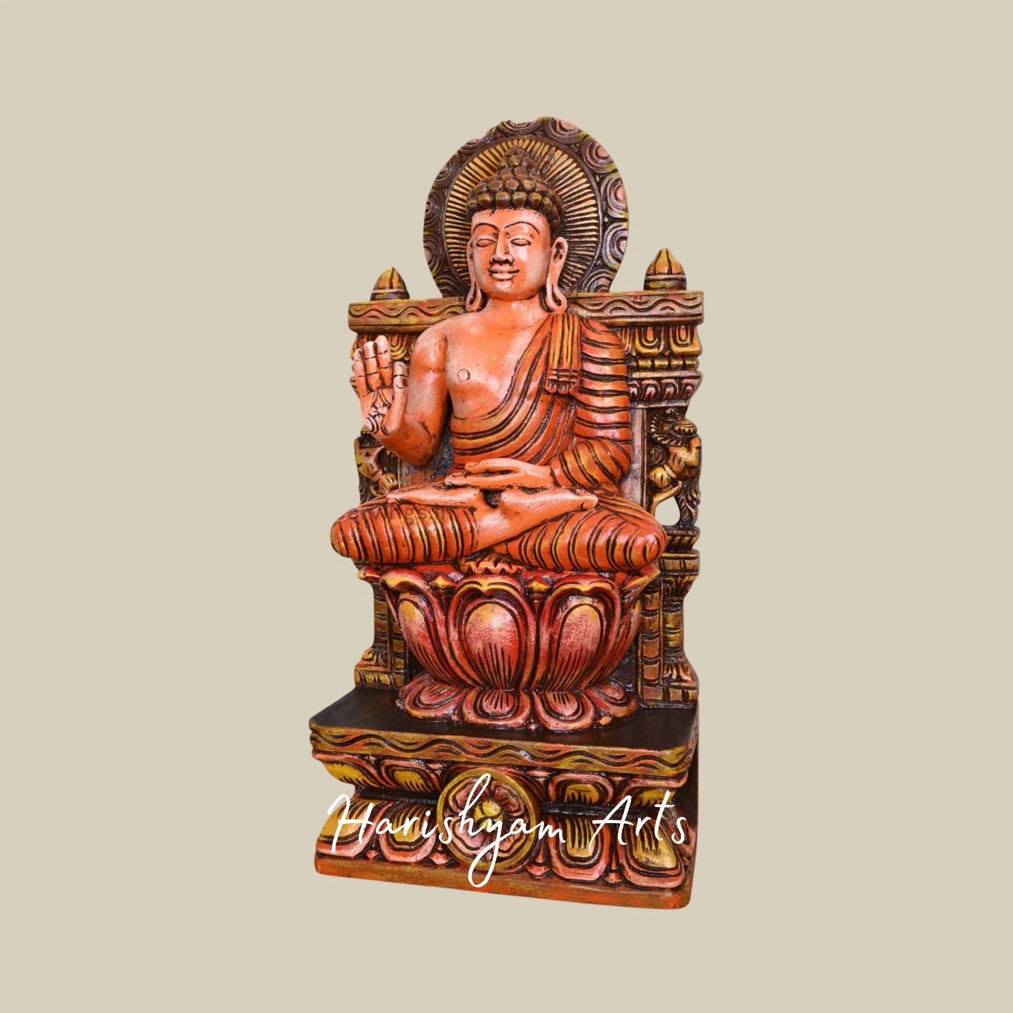 24" Multicoloured Wooden Lord Buddha Sculpture for Spiritual Home Decor