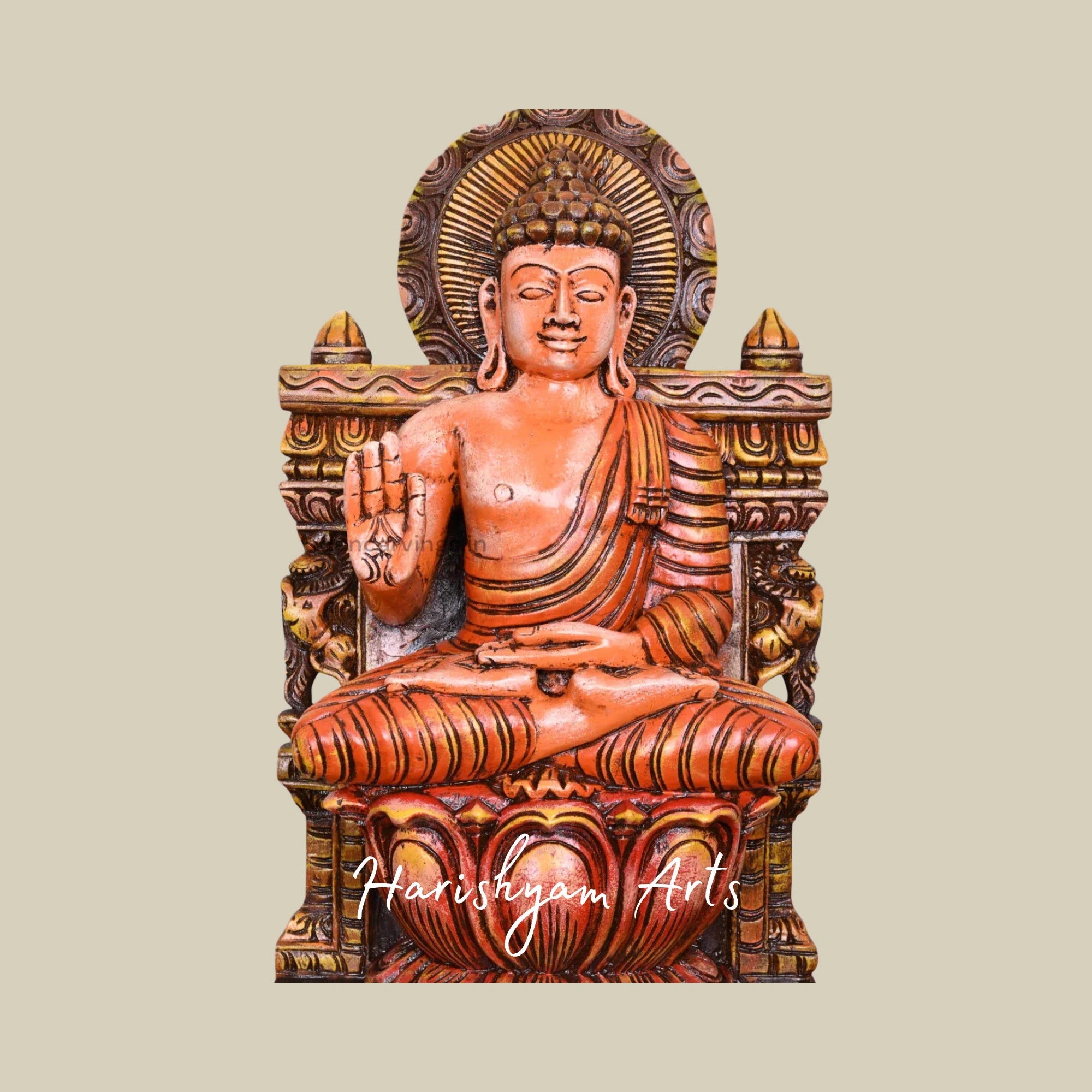 24" Multicoloured Wooden Lord Buddha Sculpture for Spiritual Home Decor
