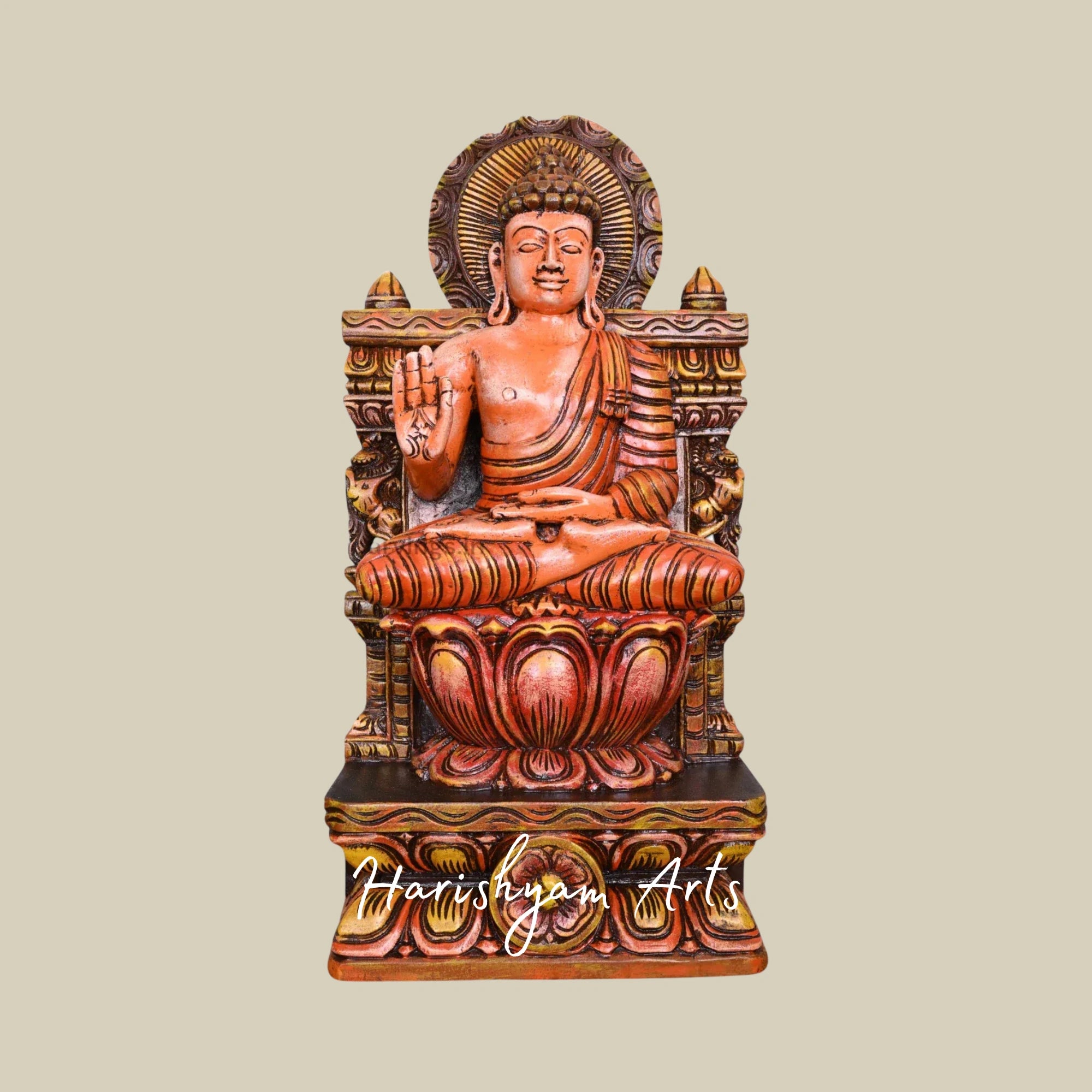 24" Multicoloured Wooden Lord Buddha Sculpture for Spiritual Home Decor