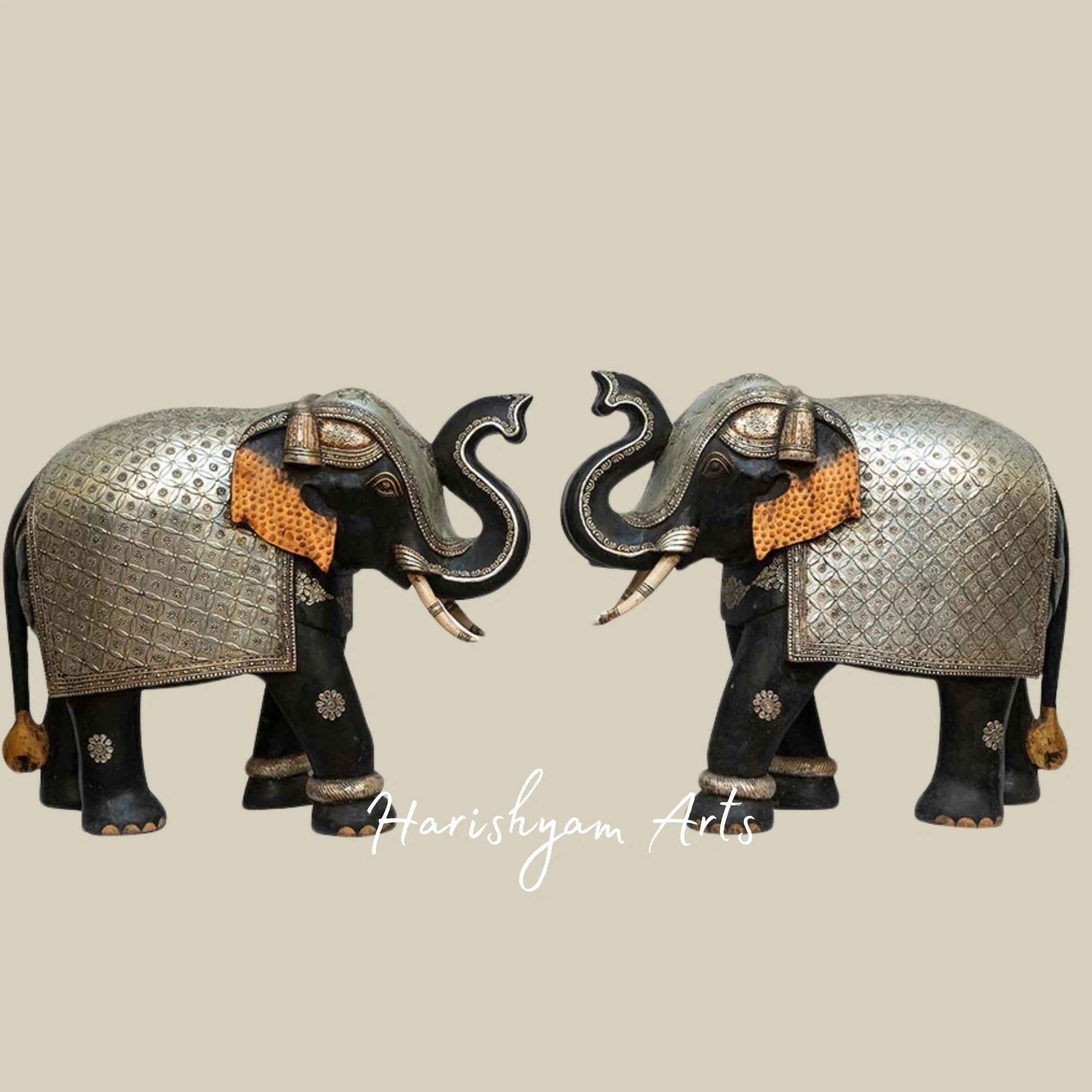 24" Pair of Large Wooden Elephants with Silver Painting Work