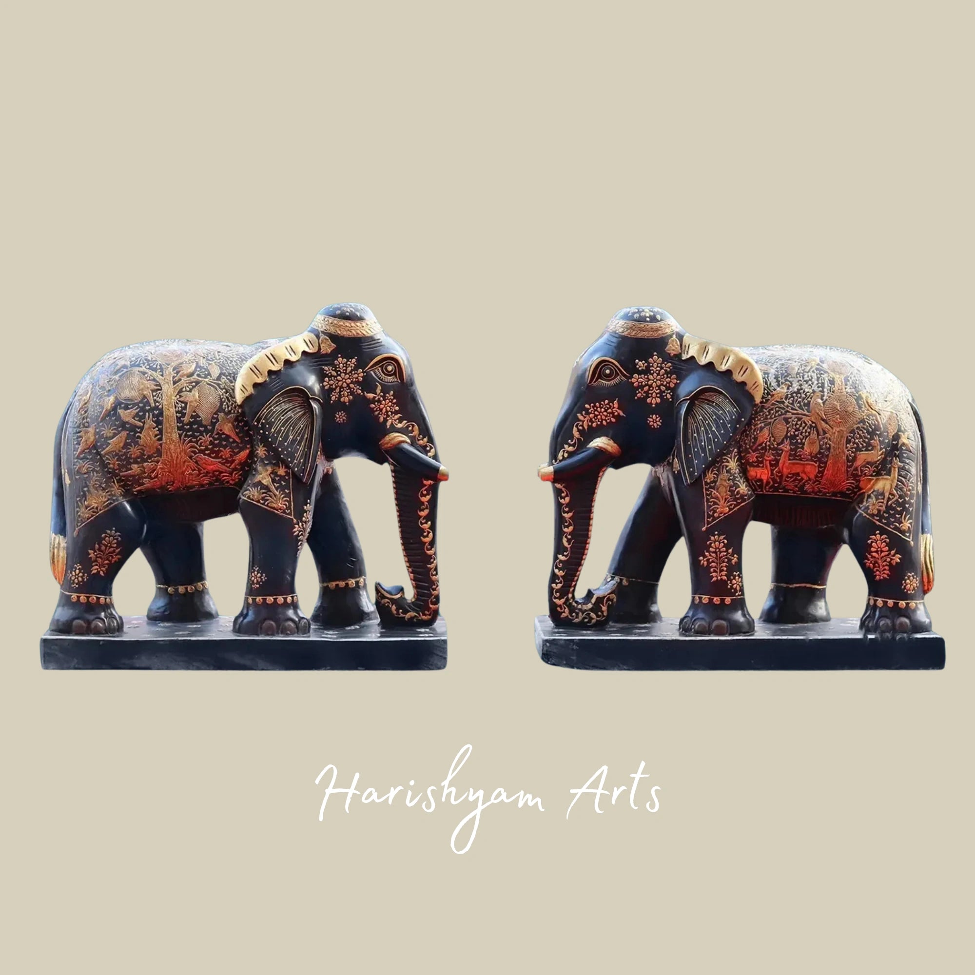 24" Rajasthani Black Marble Elephant Pair Hand Sculpted Art Figurines