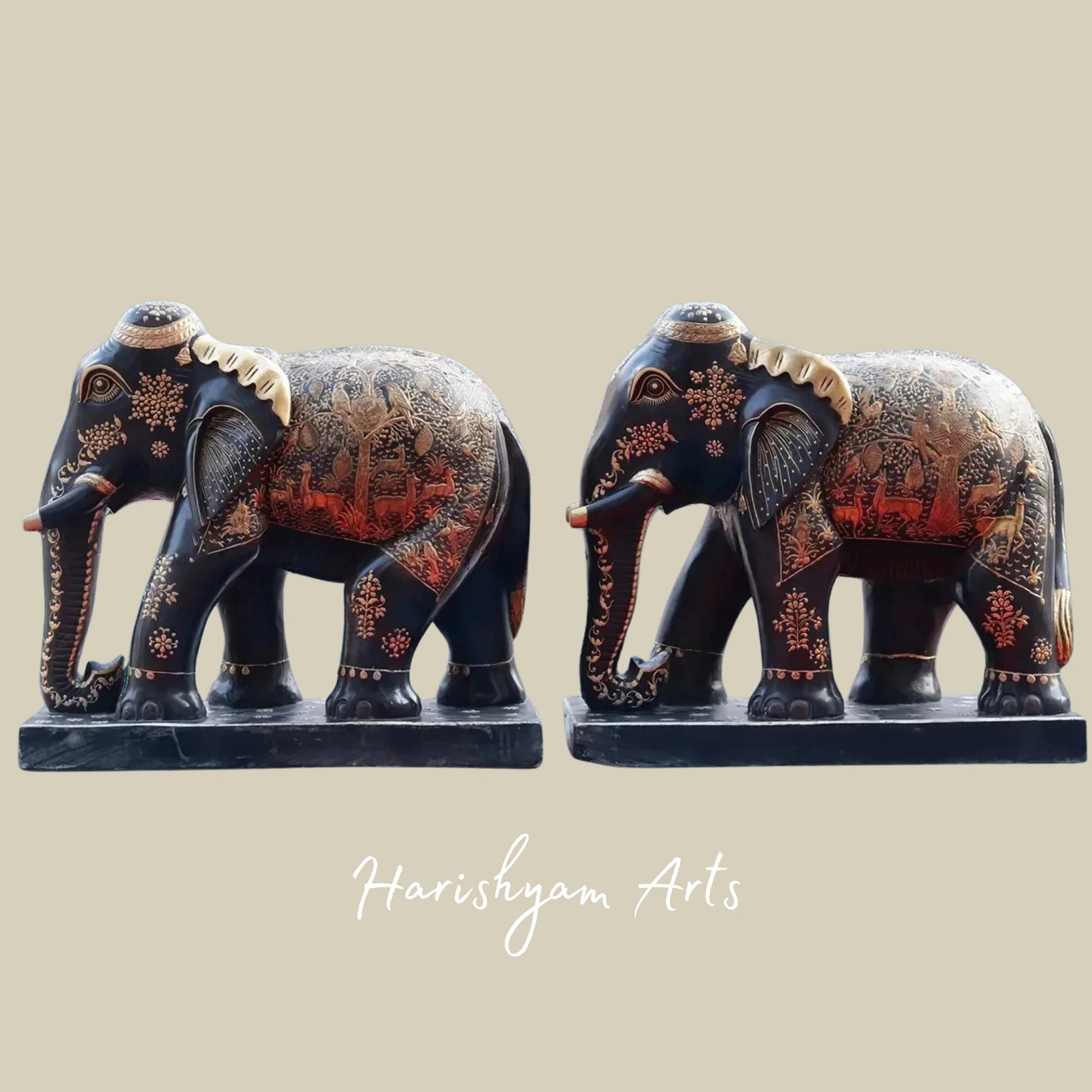 24" Rajasthani Black Marble Elephant Pair Hand Sculpted Art Figurines