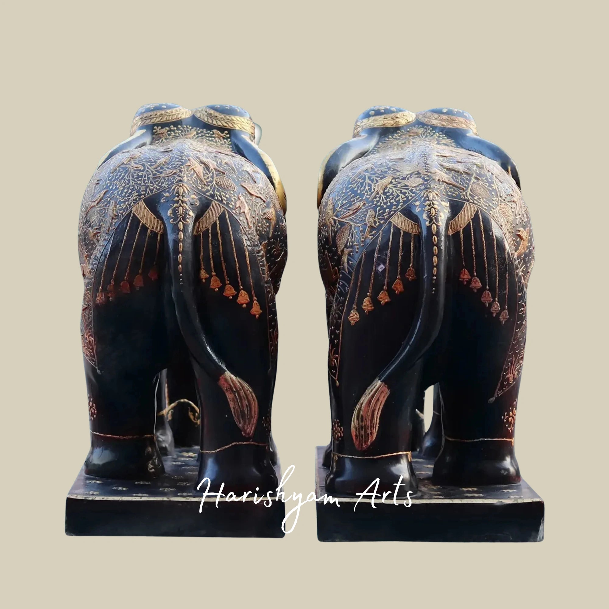 24" Rajasthani Black Marble Elephant Pair Hand Sculpted Art Figurines