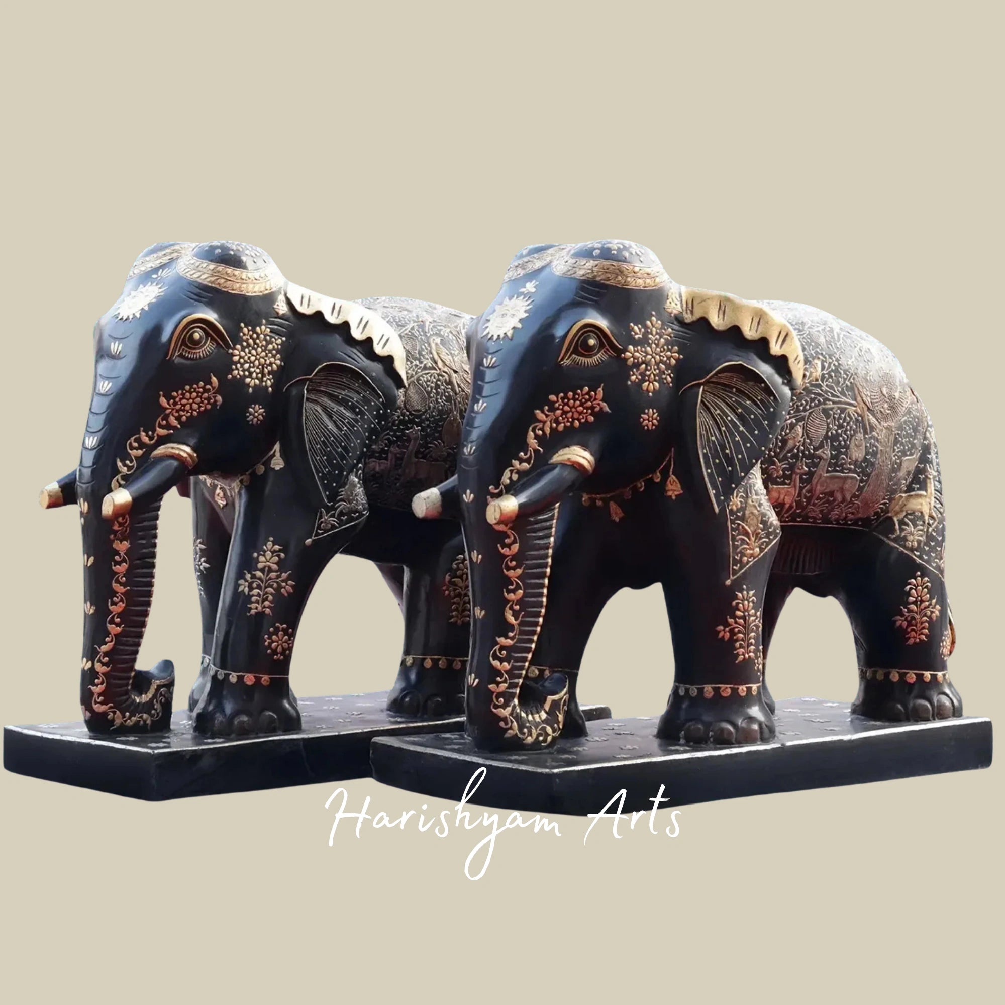 24" Rajasthani Black Marble Elephant Pair Hand Sculpted Art Figurines