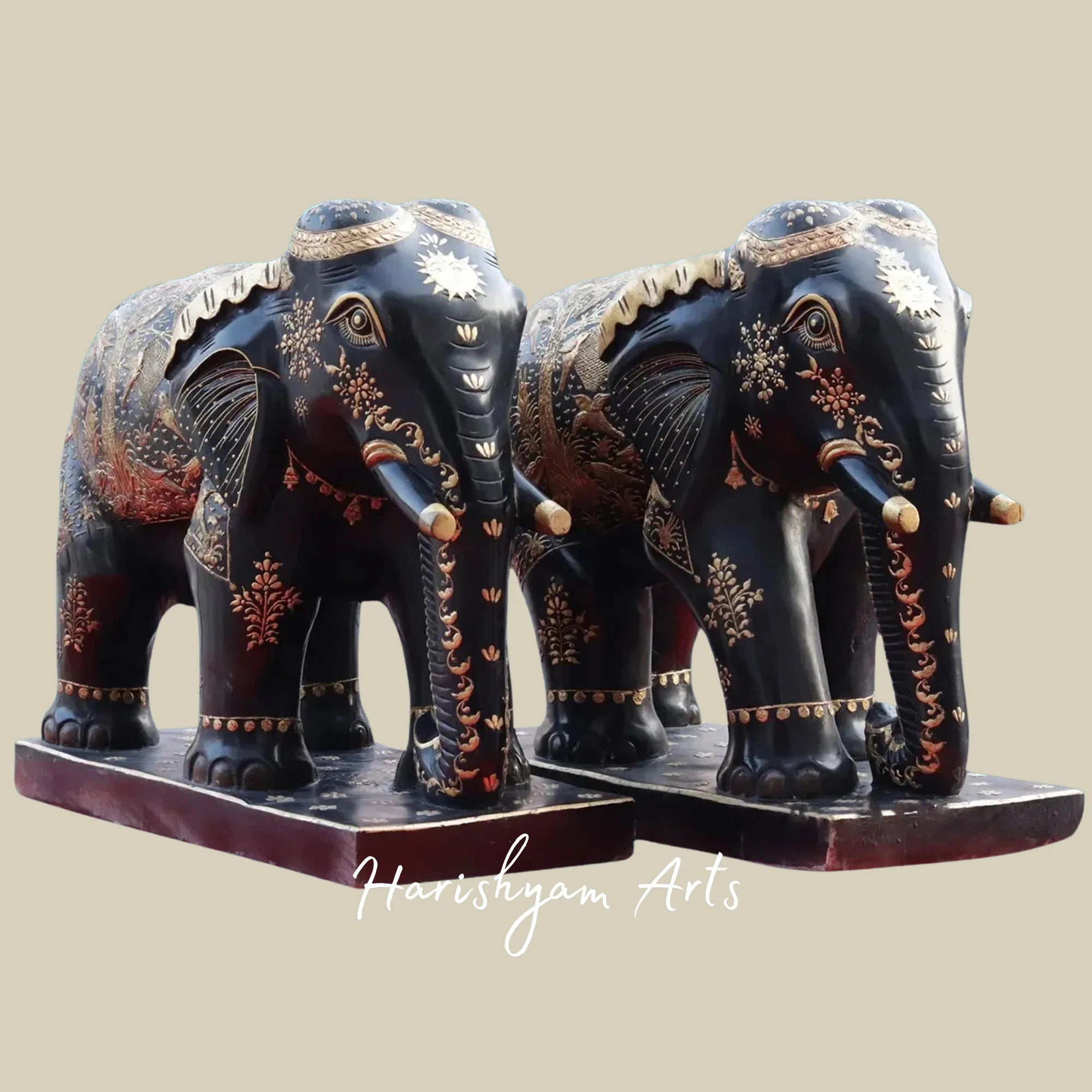 24" Rajasthani Black Marble Elephant Pair Hand Sculpted Art Figurines