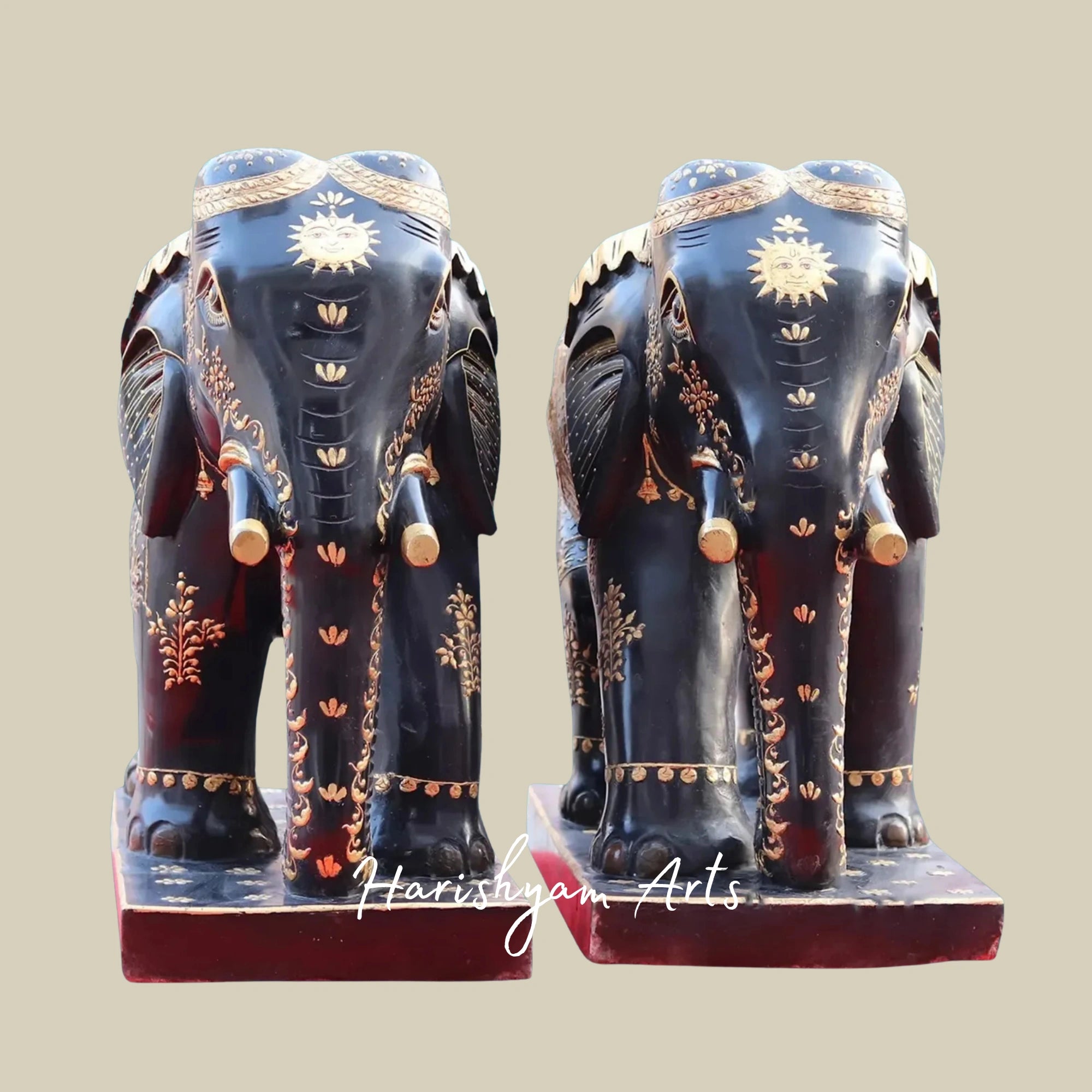 24" Rajasthani Black Marble Elephant Pair Hand Sculpted Art Figurines