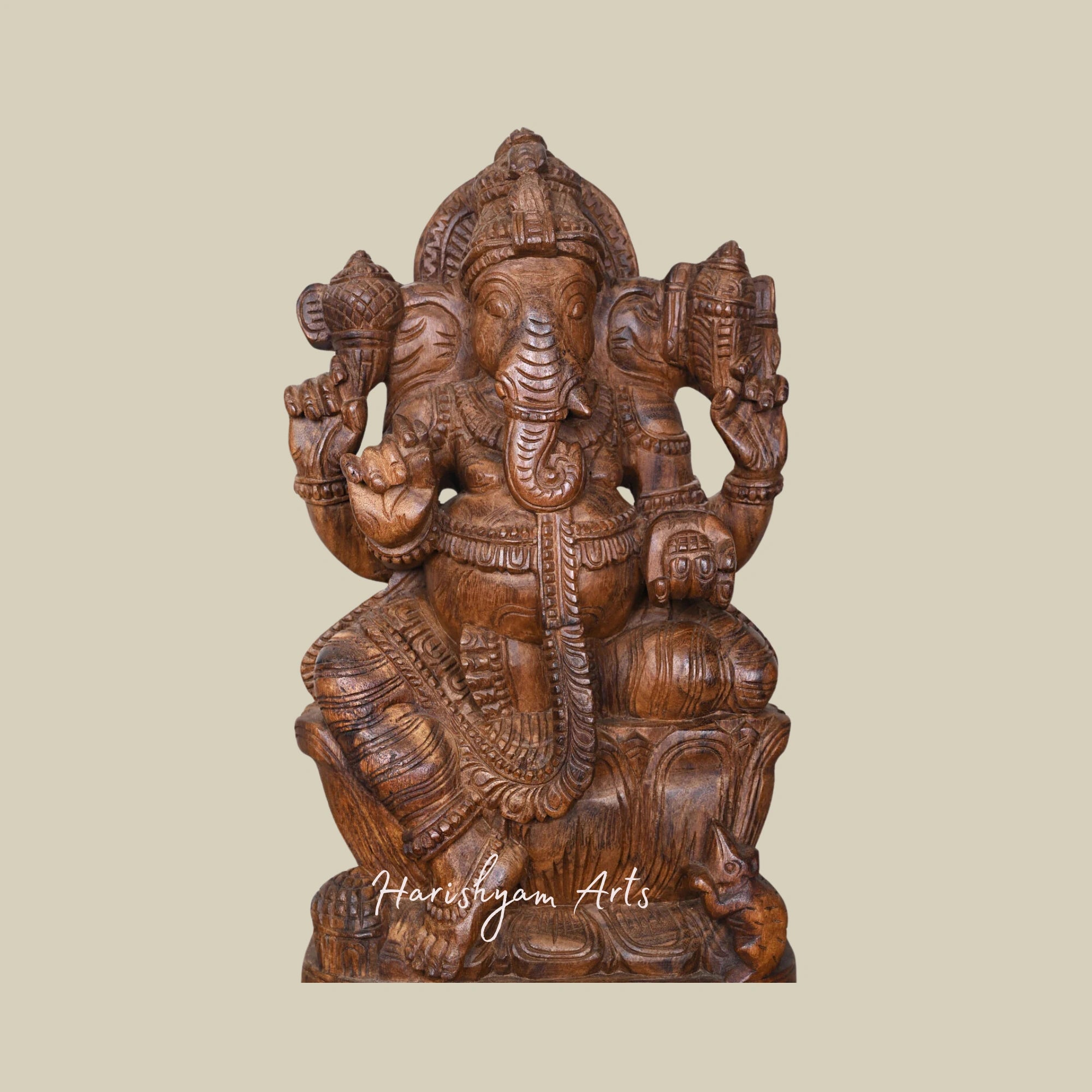 24" Right Trunk Wooden Lord Ganesha Statue on Lotus Blossom with Mooshak Vahana