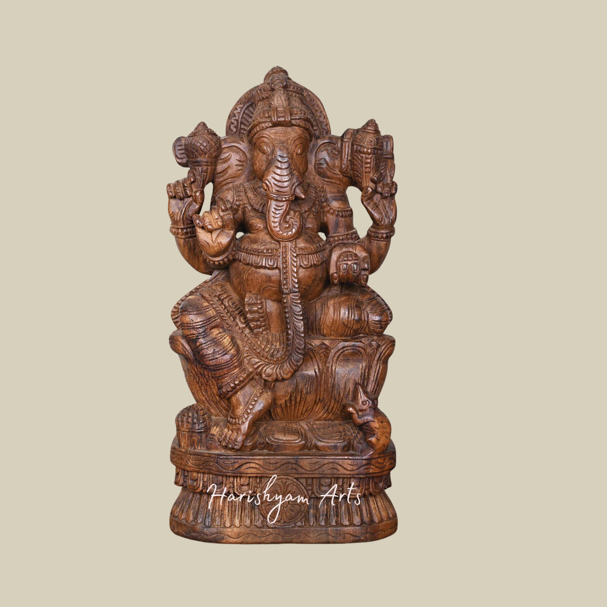 24" Right Trunk Wooden Lord Ganesha Statue on Lotus Blossom with Mooshak Vahana1