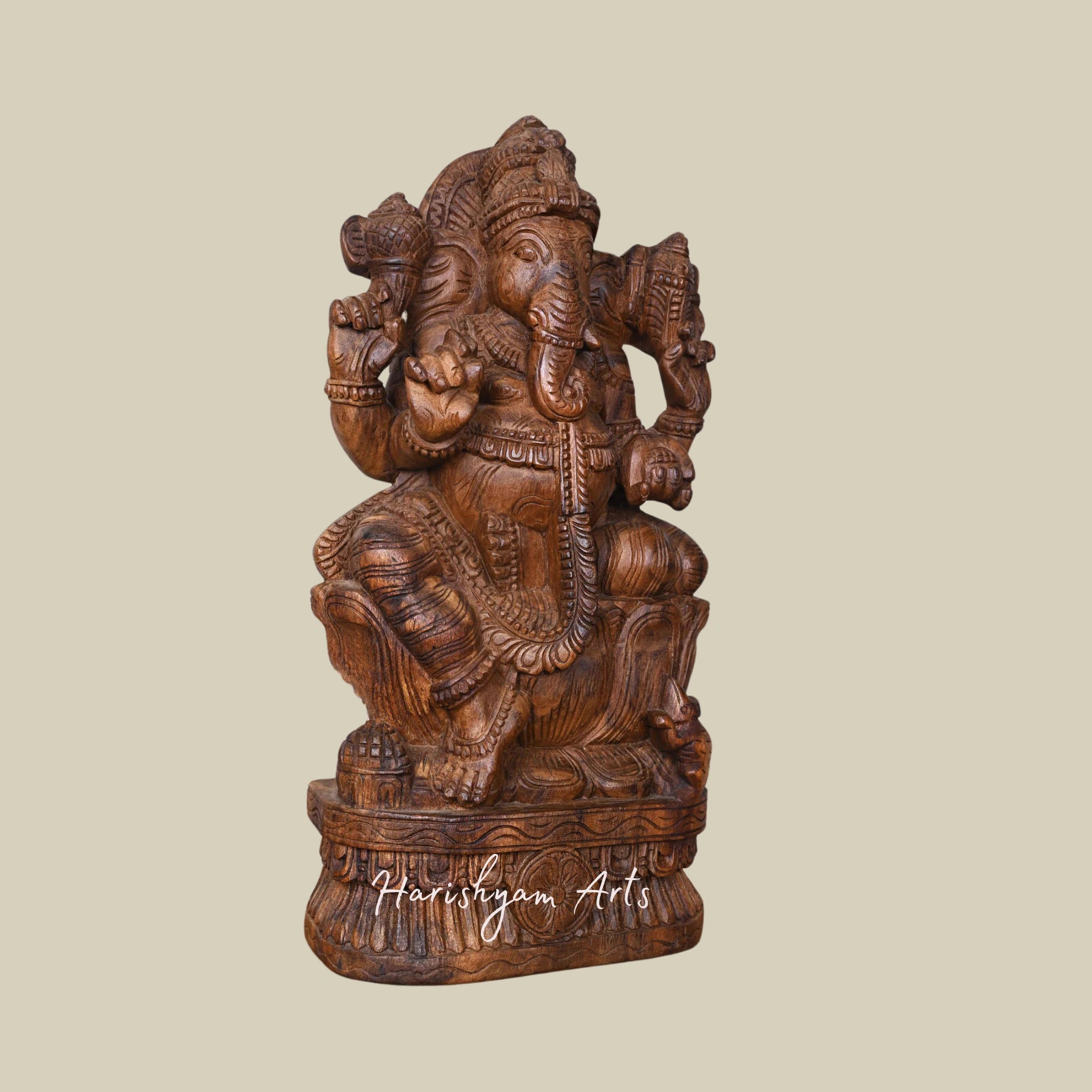 24" Right Trunk Wooden Lord Ganesha Statue on Lotus Blossom with Mooshak Vahana2
