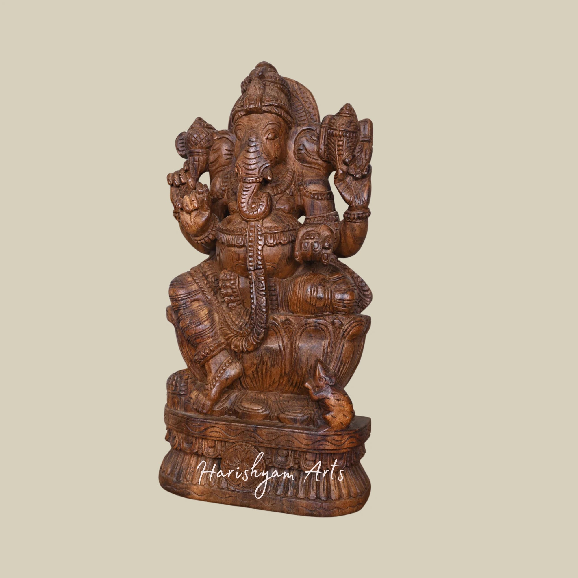 24" Right Trunk Wooden Lord Ganesha Statue on Lotus Blossom with Mooshak Vahana2
