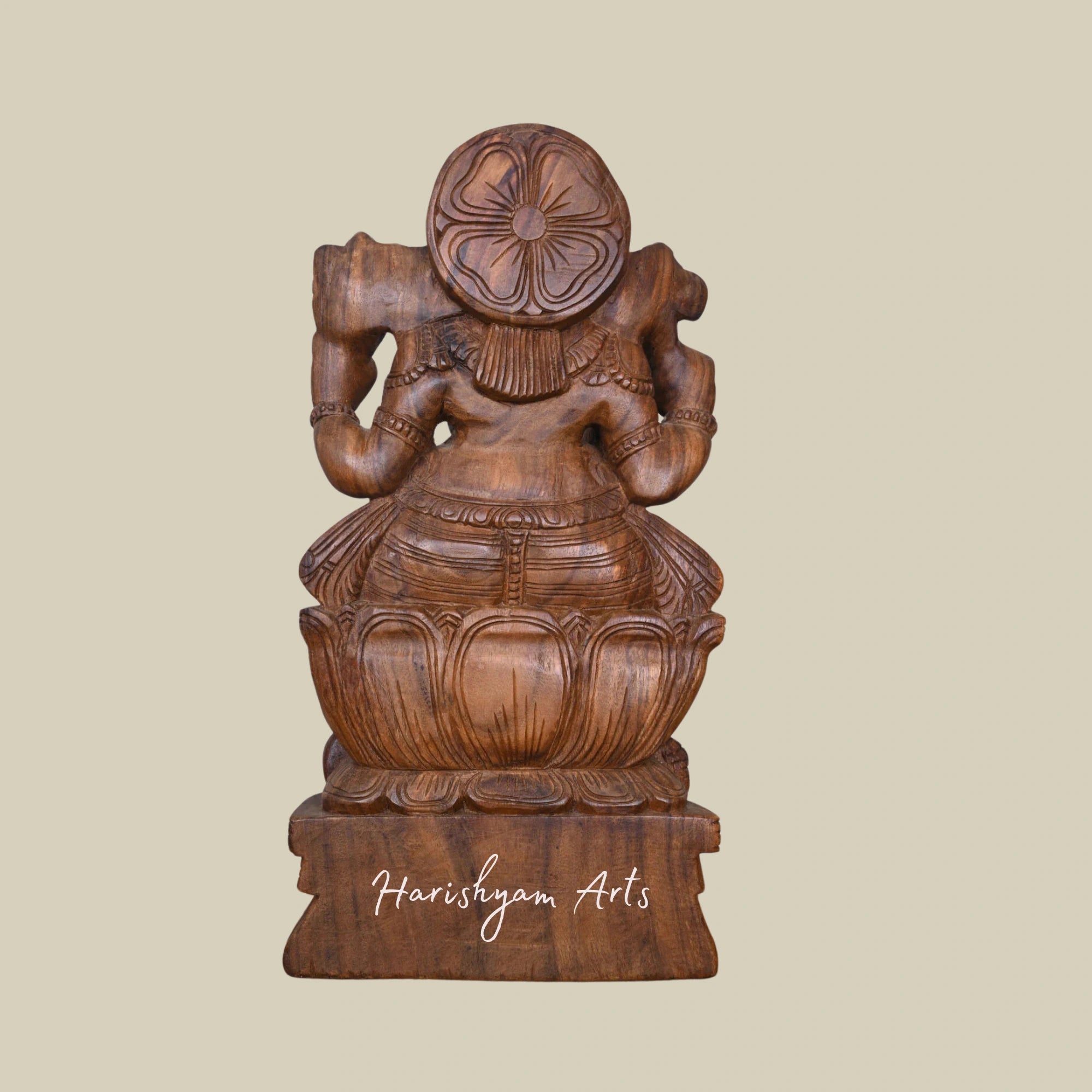 24" Right Trunk Wooden Lord Ganesha Statue on Lotus Blossom with Mooshak Vahana3