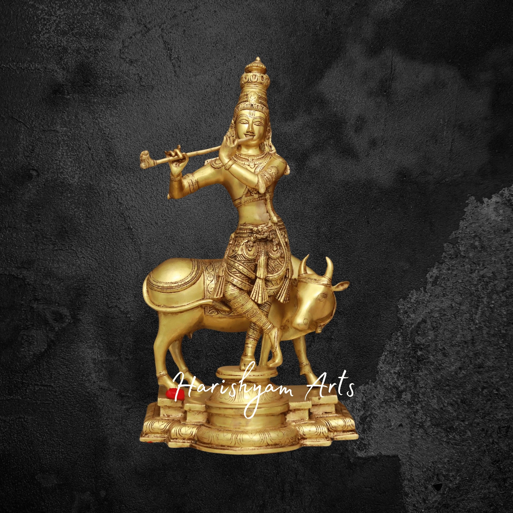 24" Sacred Brass Krishna Playing Flute with Cow for Pooja Room