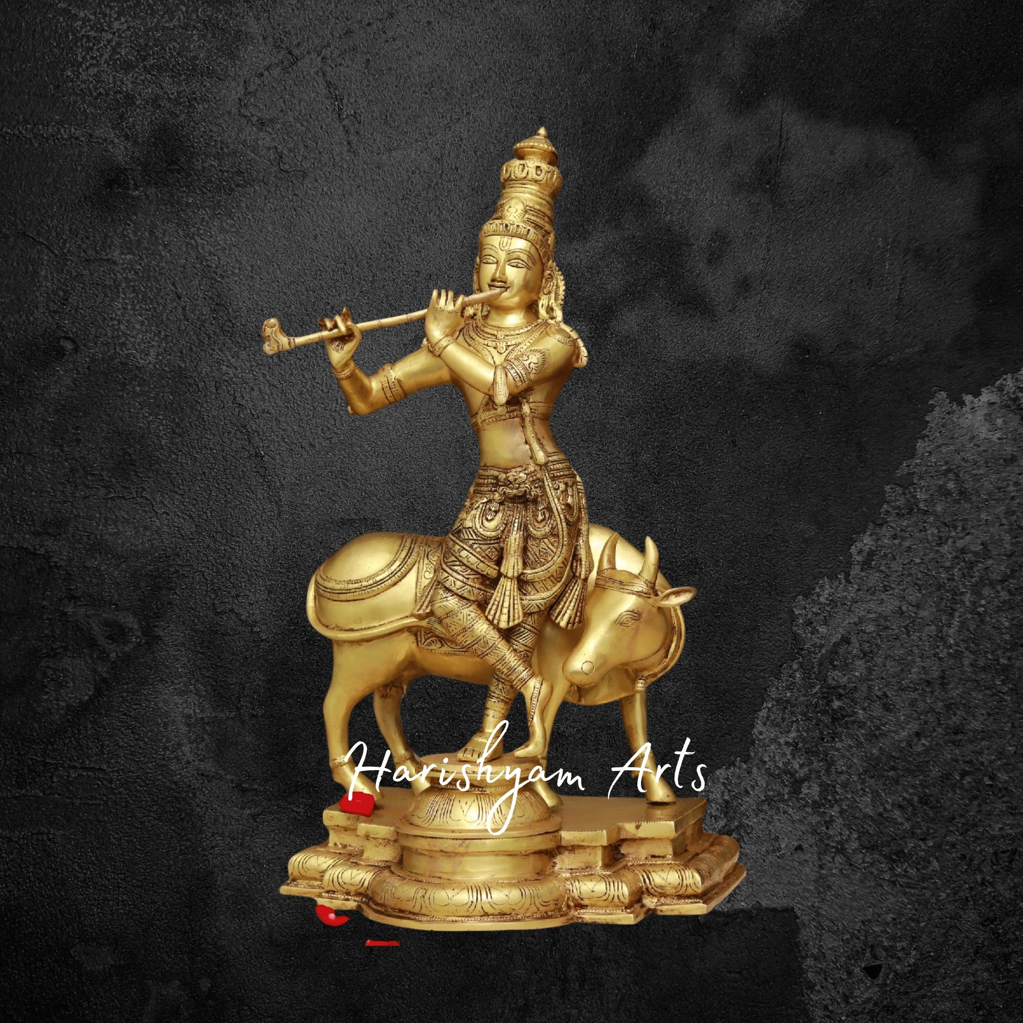 24" Sacred Brass Krishna Playing Flute with Cow for Pooja Room