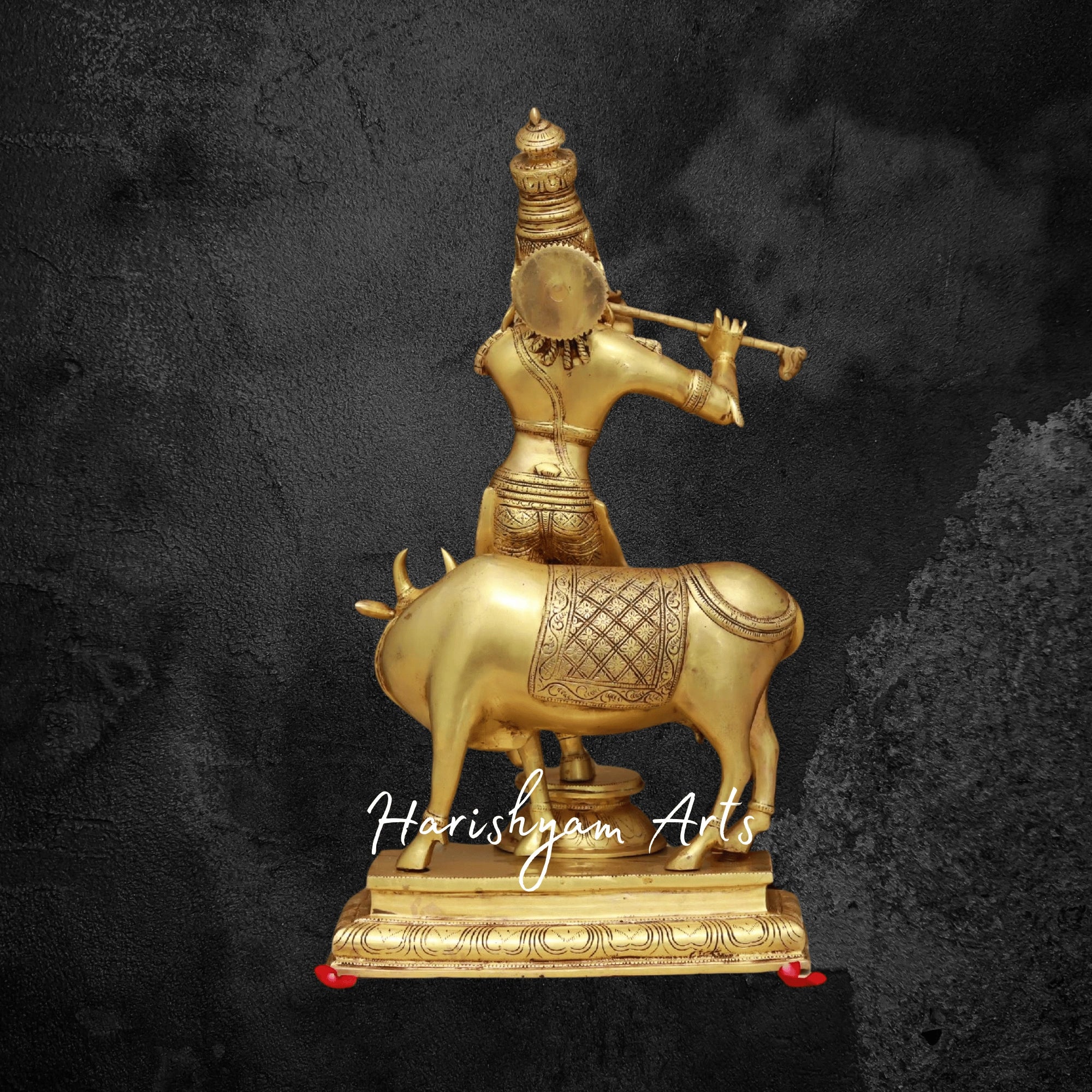 24" Sacred Brass Krishna Playing Flute with Cow for Pooja Room