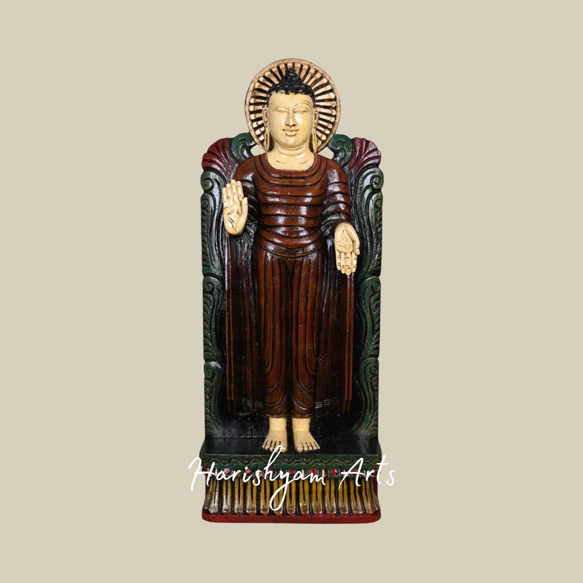 24" Standing Buddha Wall Mount Made of Wood for Sacred Wall Art