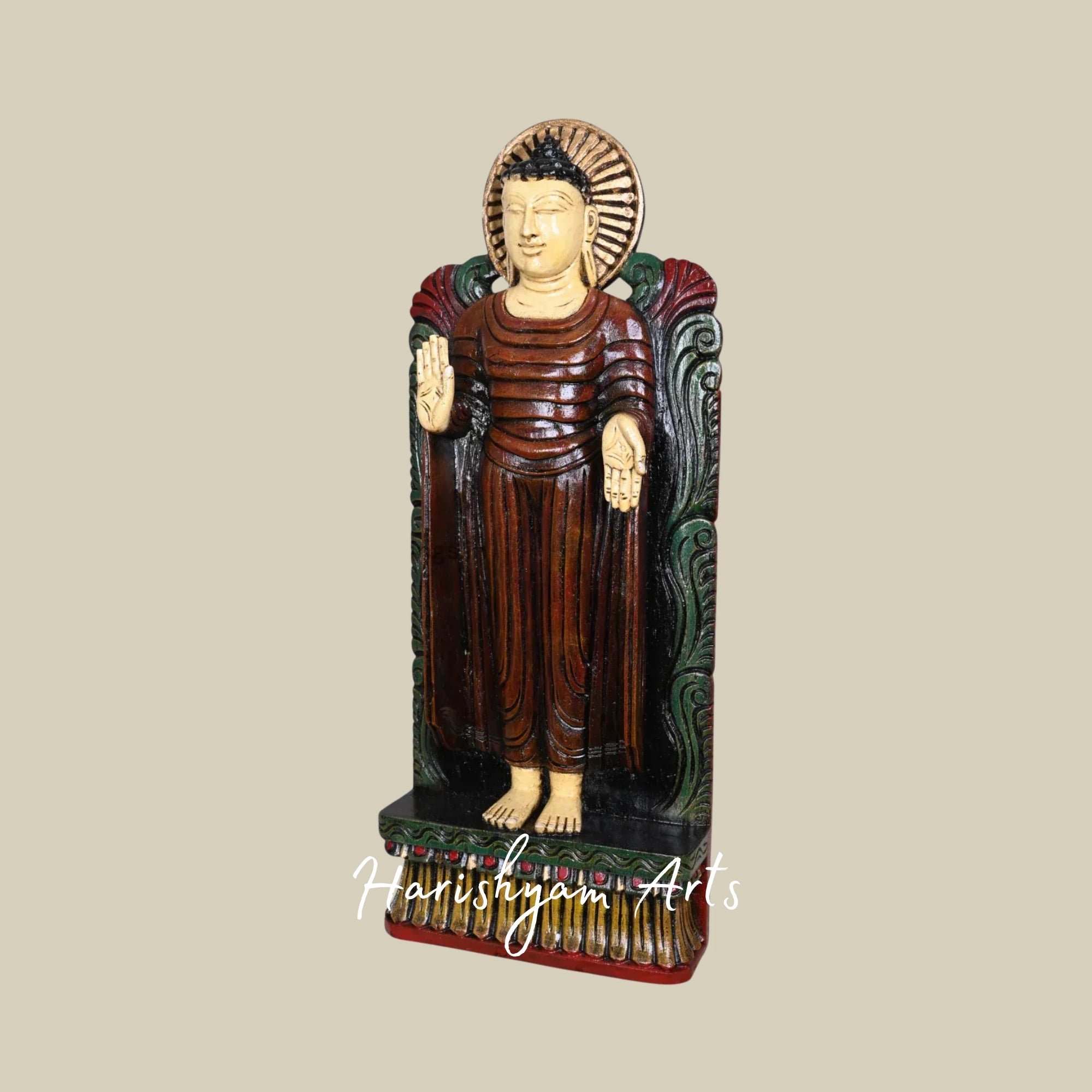 24" Standing Buddha Wall Mount Made of Wood for Sacred Wall Art