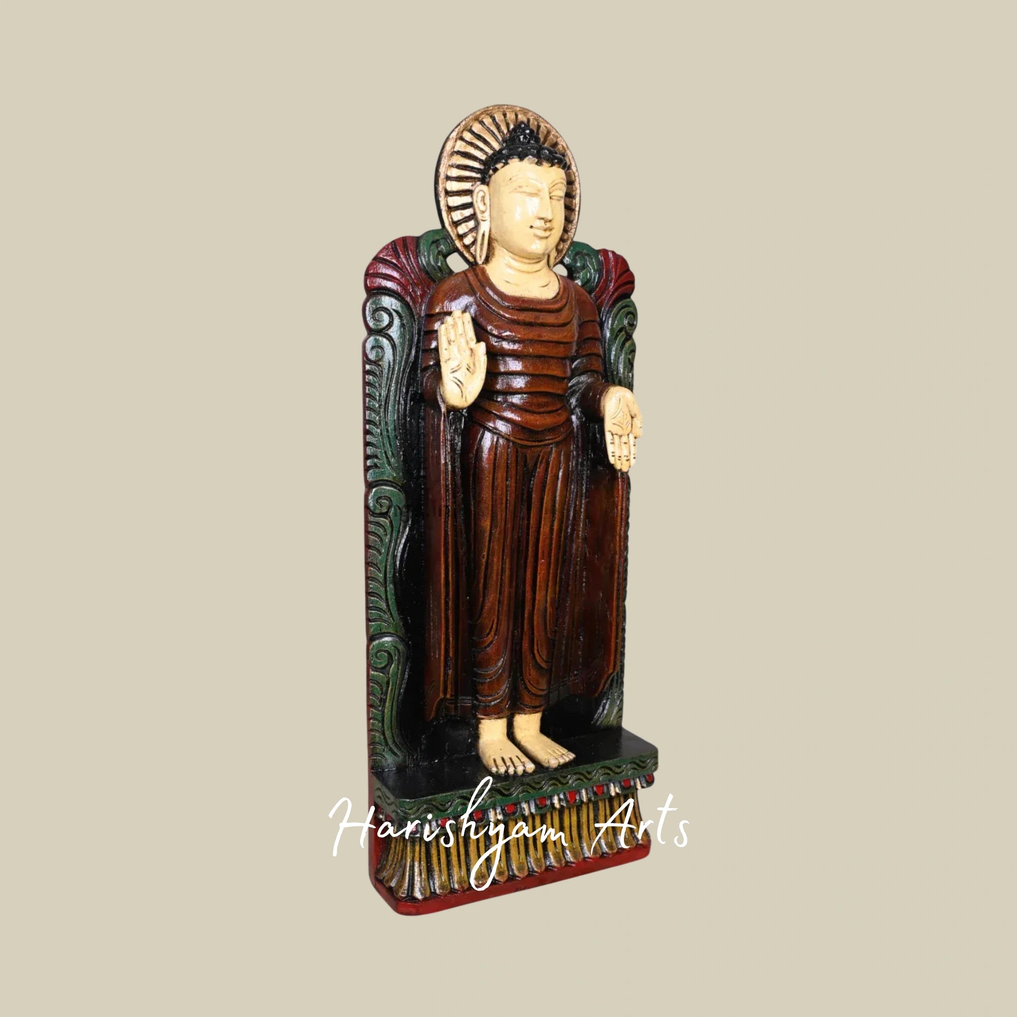 24" Standing Buddha Wall Mount Made of Wood for Sacred Wall Art