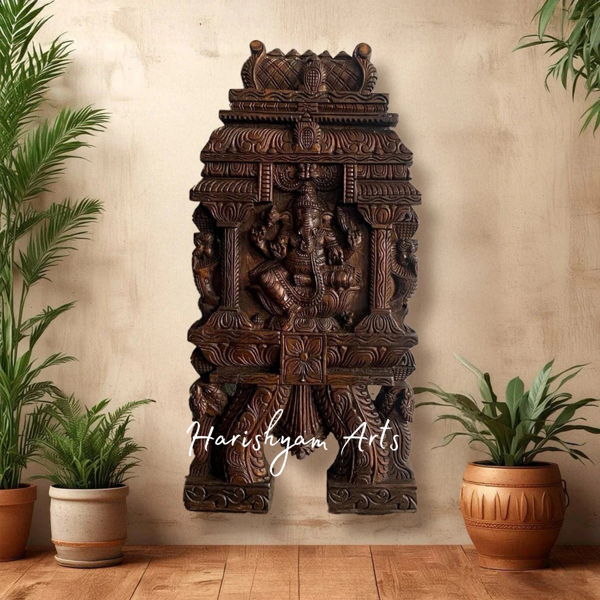 24" Temple Gopuram Style Wooden Ganesha Kavadi Panel for Pooja Room and Wall Décor