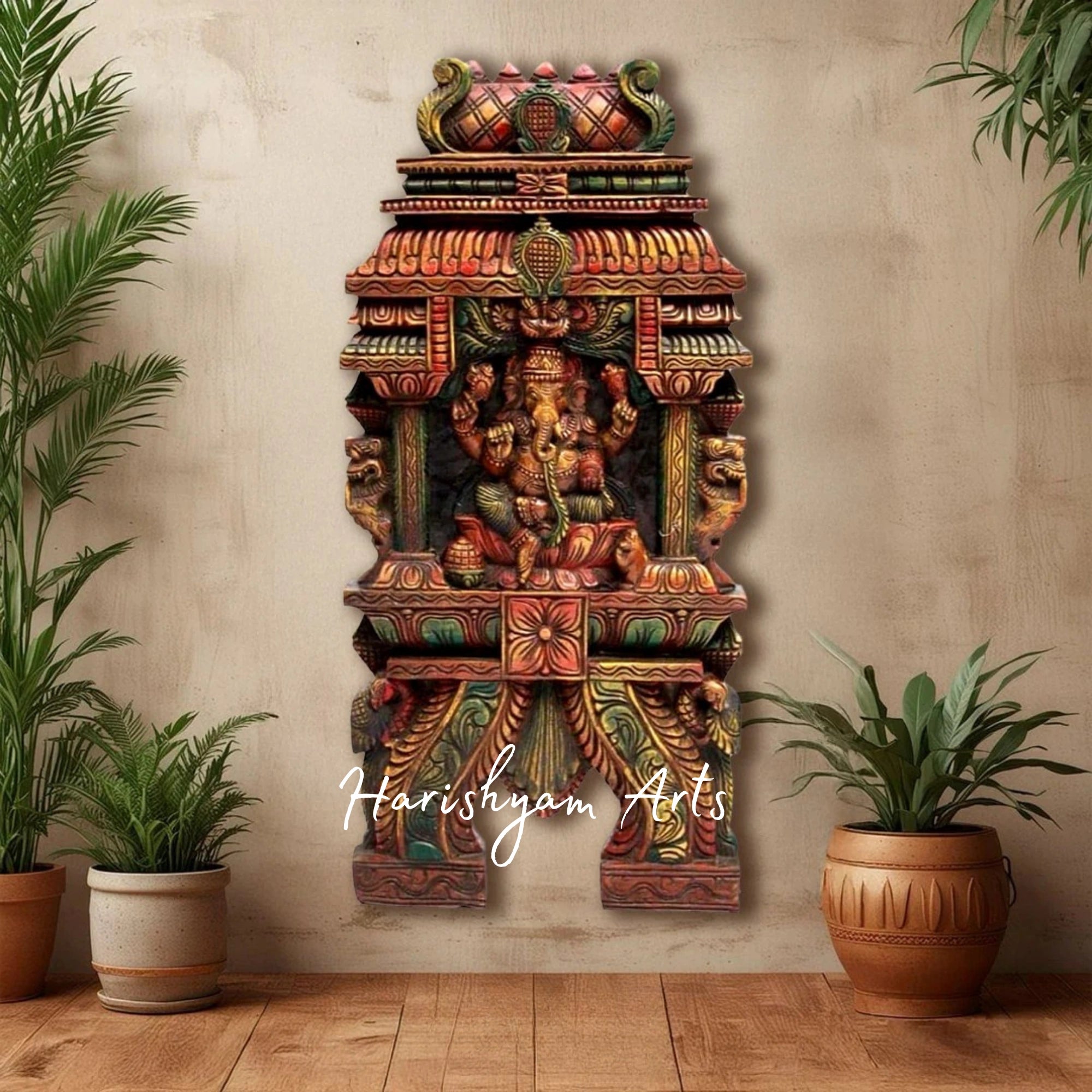 24" Temple Gopuram Style Wooden Ganesha Kavadi Panel for Pooja Room and Wall Décor