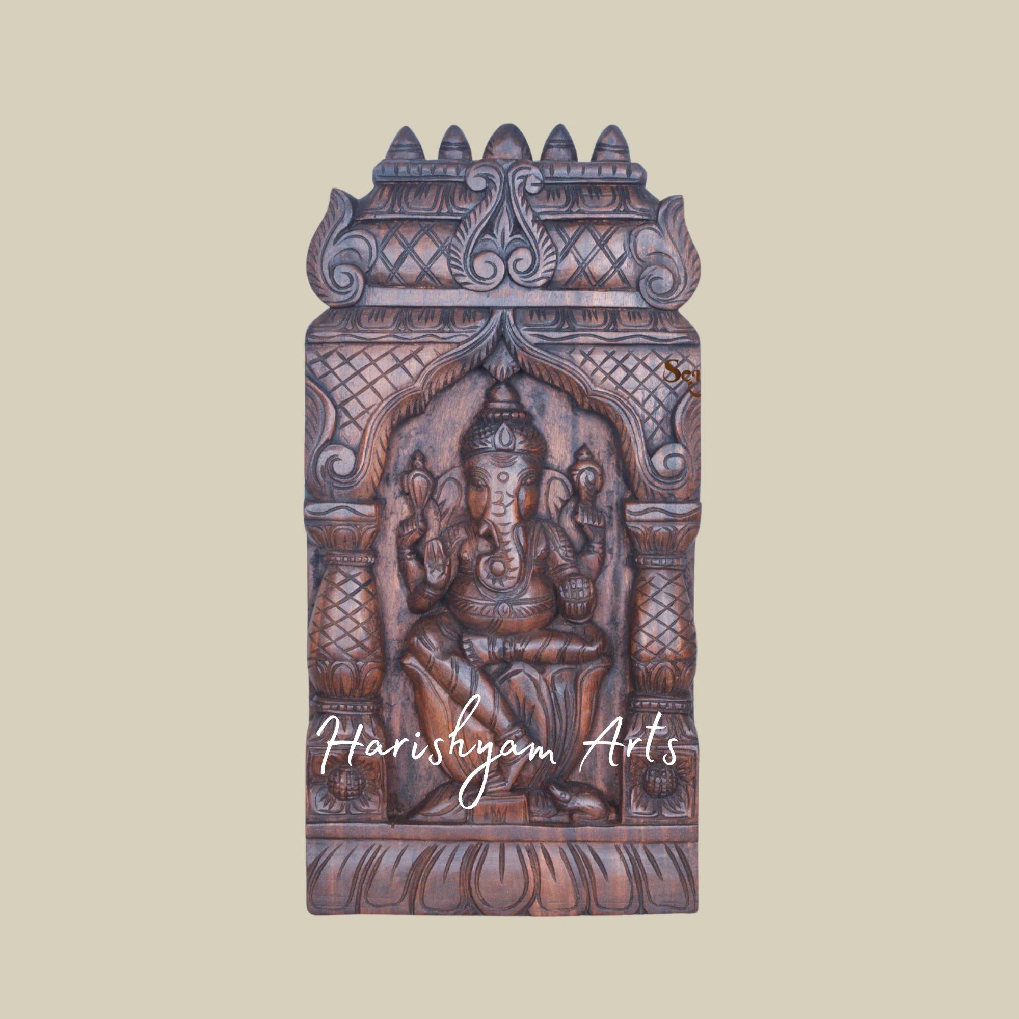 24" Temple Style Wooden Lord Ganesh Wall Kavadi with Natural Finish