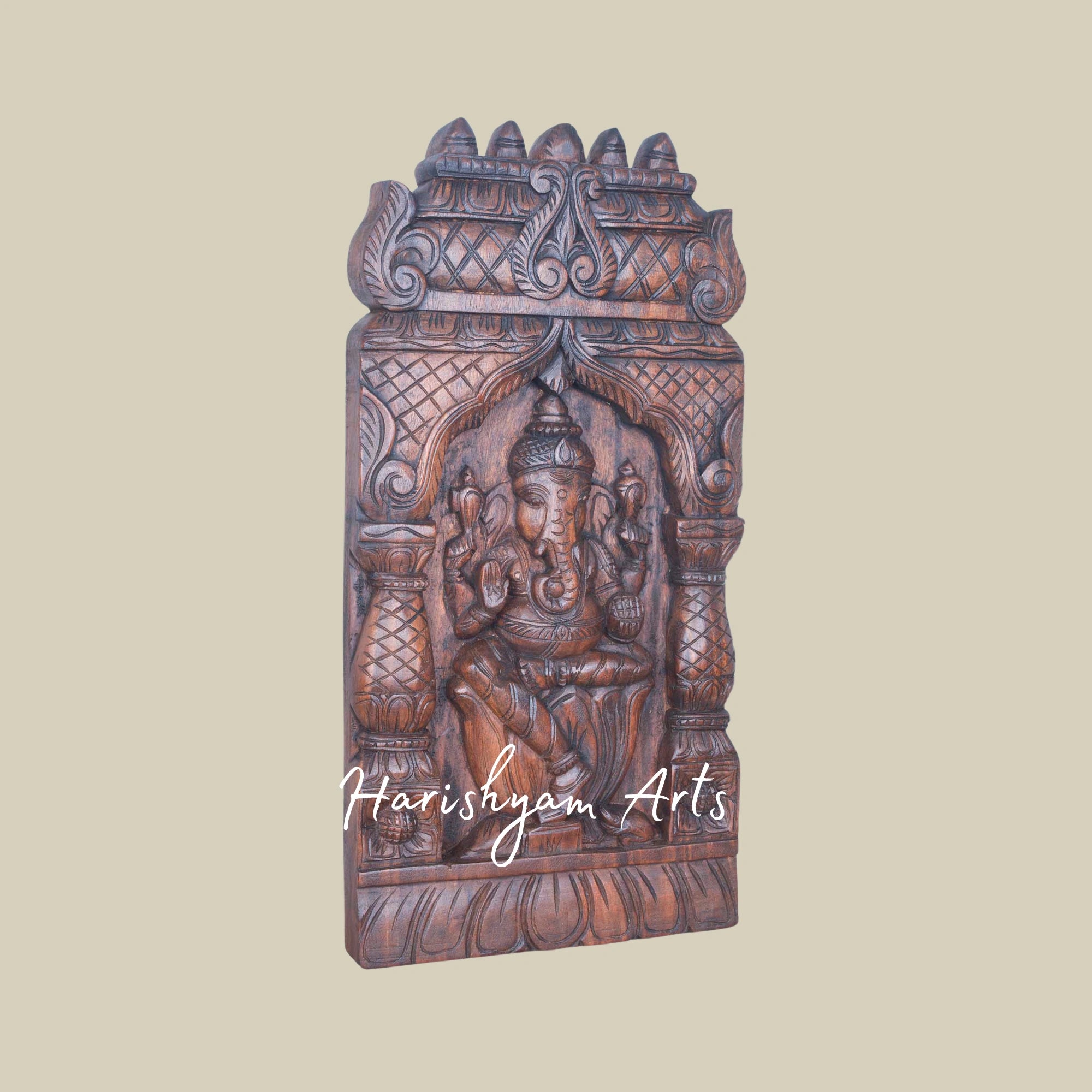24" Temple Style Wooden Lord Ganesh Wall Kavadi with Natural Finish