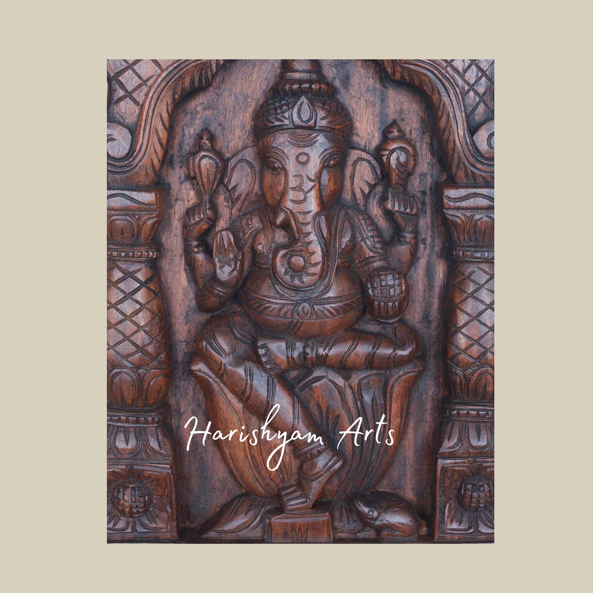 24" Temple Style Wooden Lord Ganesh Wall Kavadi with Natural Finish