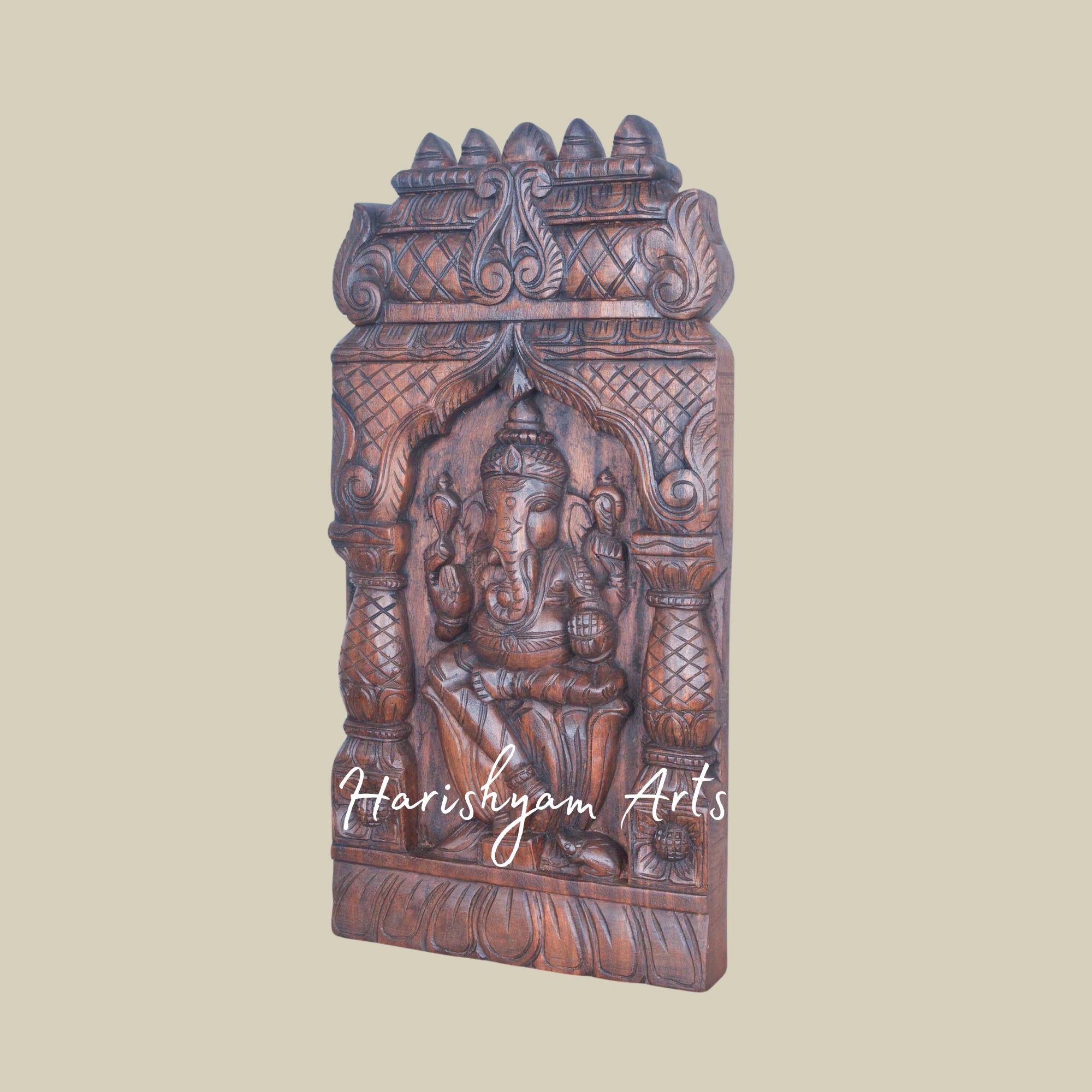 24" Temple Style Wooden Lord Ganesh Wall Kavadi with Natural Finish