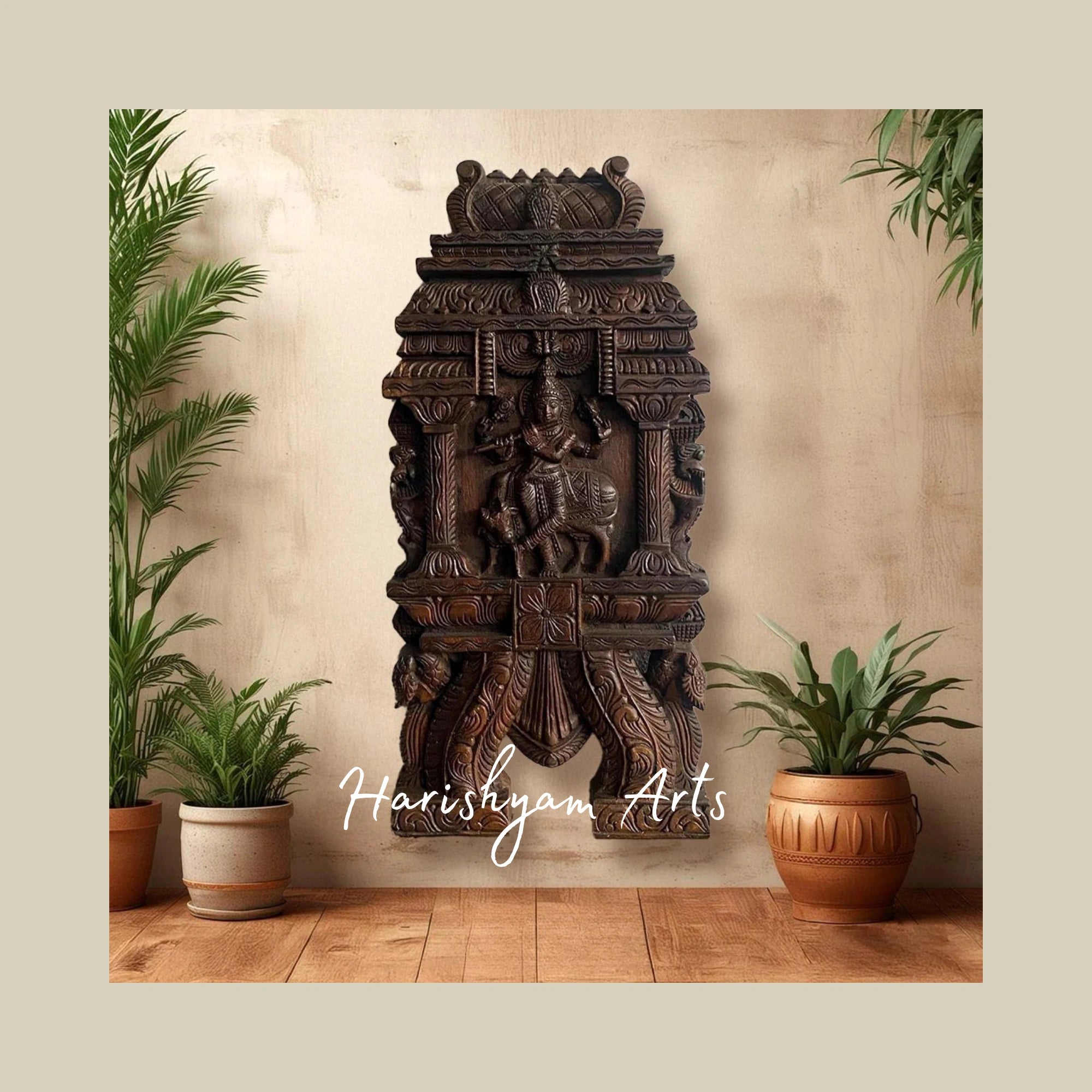 24" Traditional Wooden Cow Krishna Kavadi Panel Handcrafted for Pooja Room