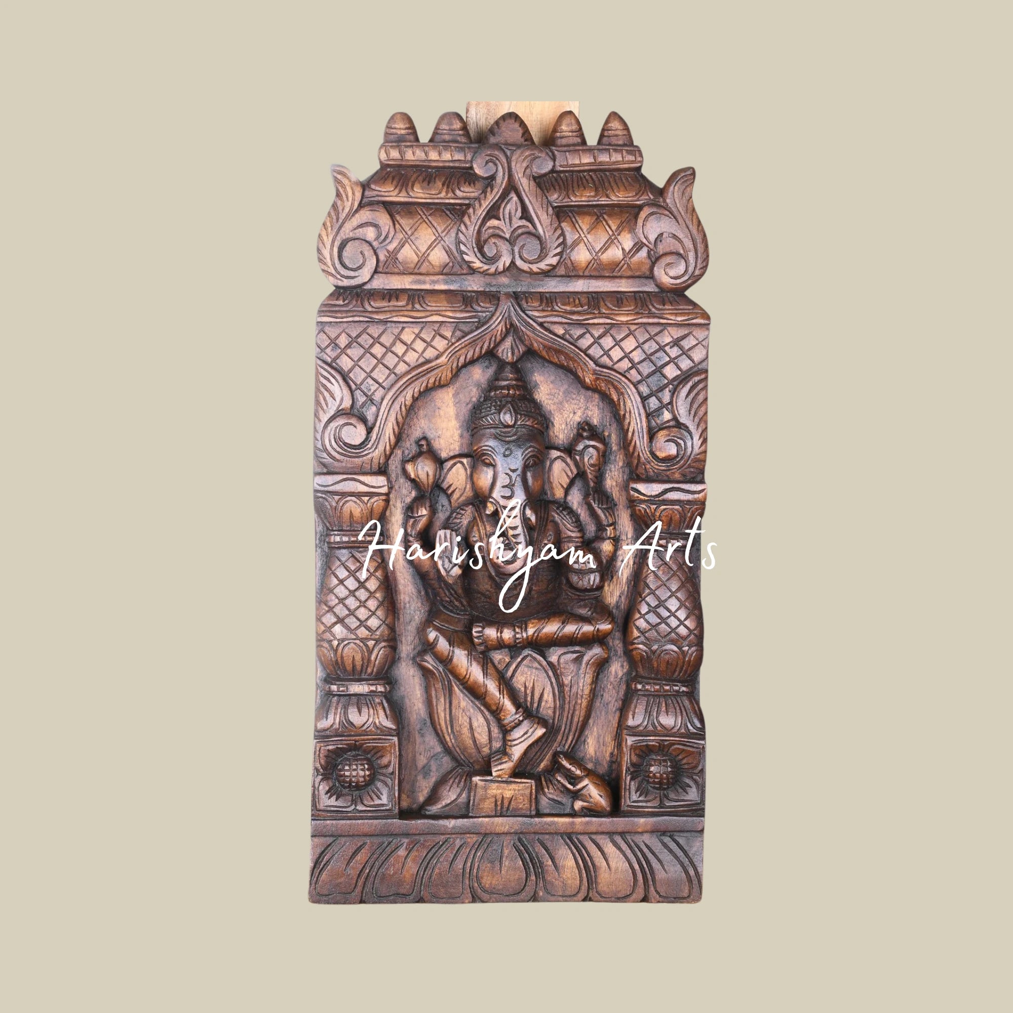 24" Traditional Wooden Ganesha Kavadi with Decorative Gopuram and Pillar Design
