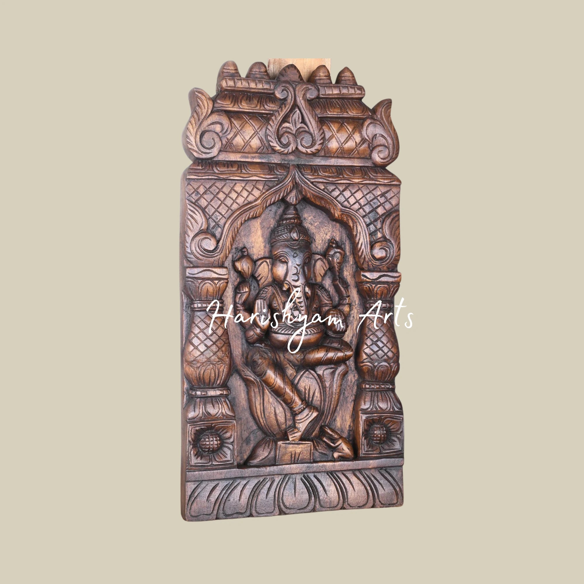 24" Traditional Wooden Ganesha Kavadi with Decorative Gopuram and Pillar Design