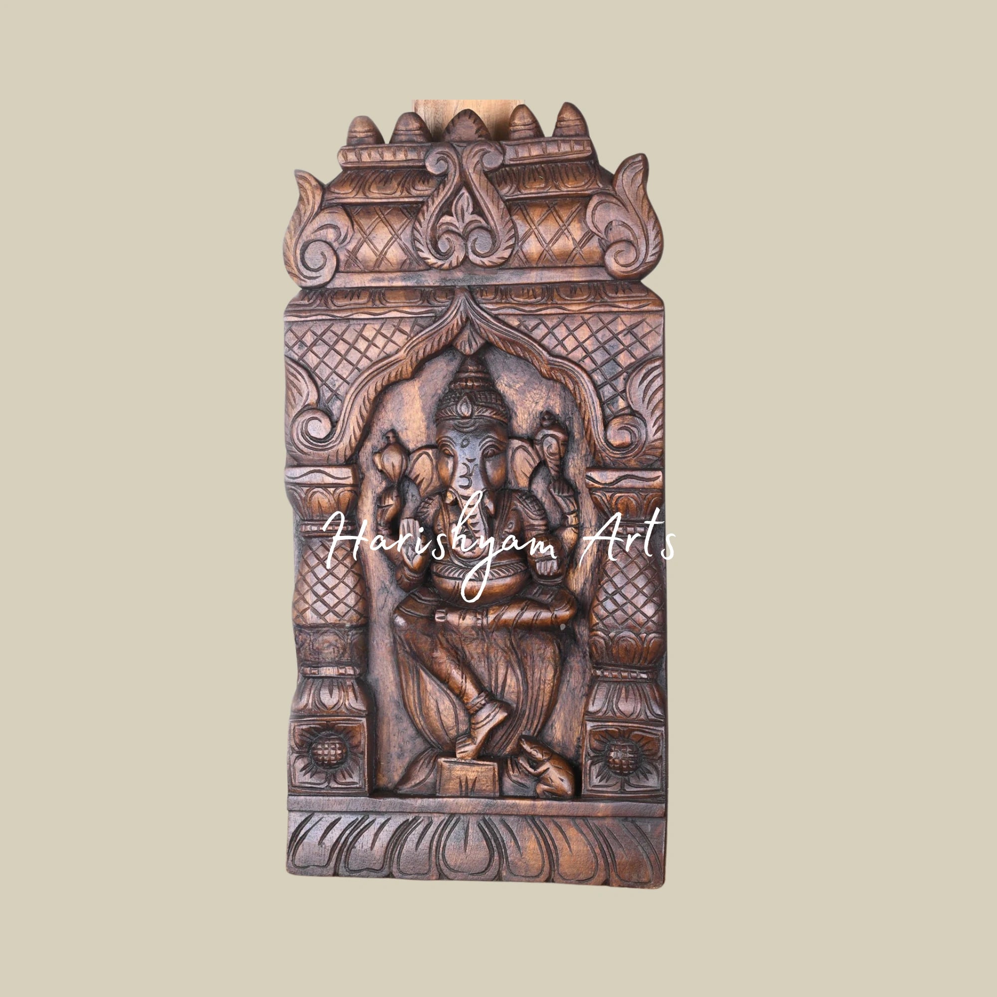 24" Traditional Wooden Ganesha Kavadi with Decorative Gopuram and Pillar Design
